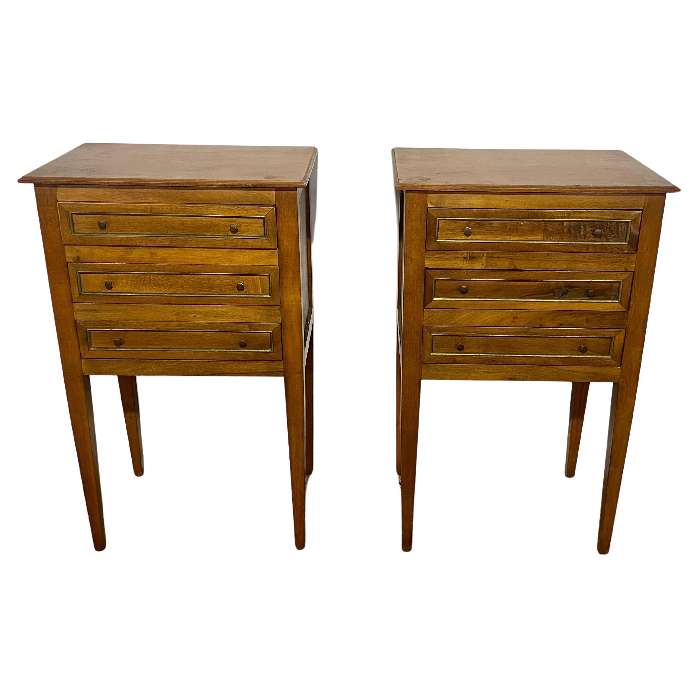 Pair of Walnut Nightstands with Brass Hardware