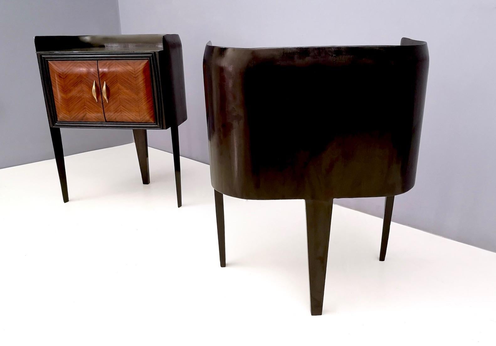 Ebonized Pair of Walnut Nightstands with Engraved Glass Top by Paolo Buffa, Italy 1950s