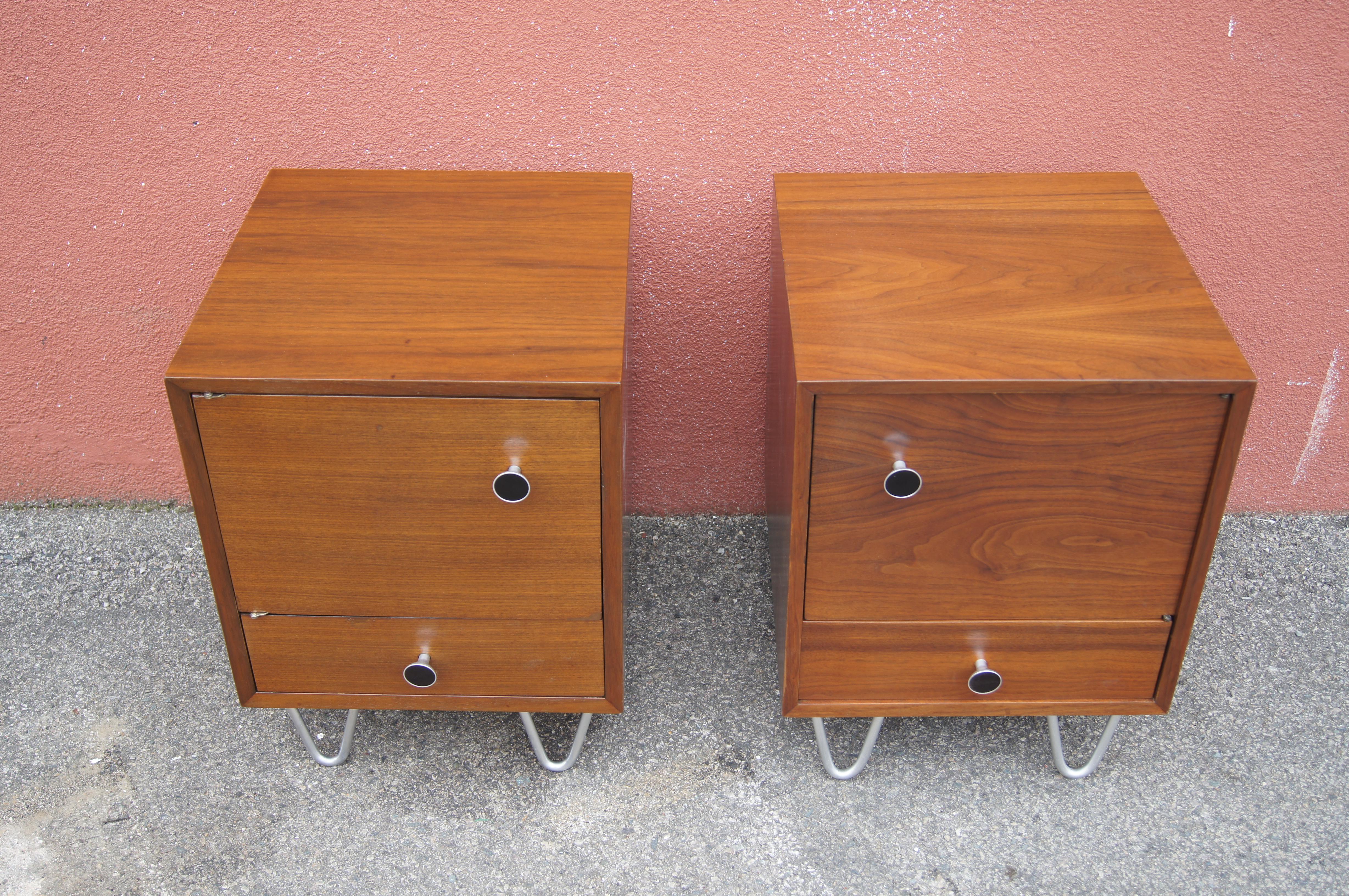 Pair of Walnut Nightstands with Hairpin Legs in the Style of George Nelson 1