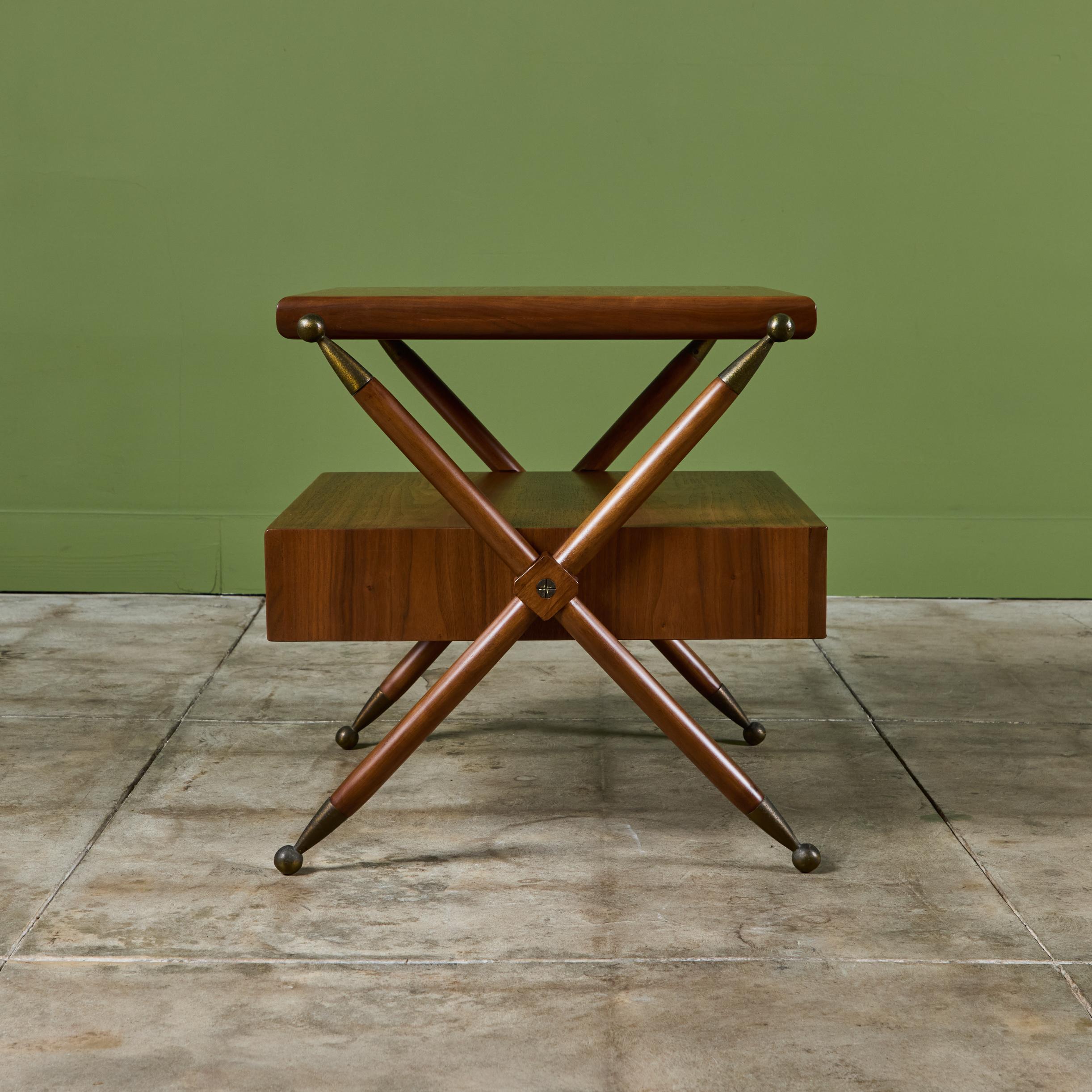 Mid-Century Modern Pair of Walnut Nightstands with X Bases