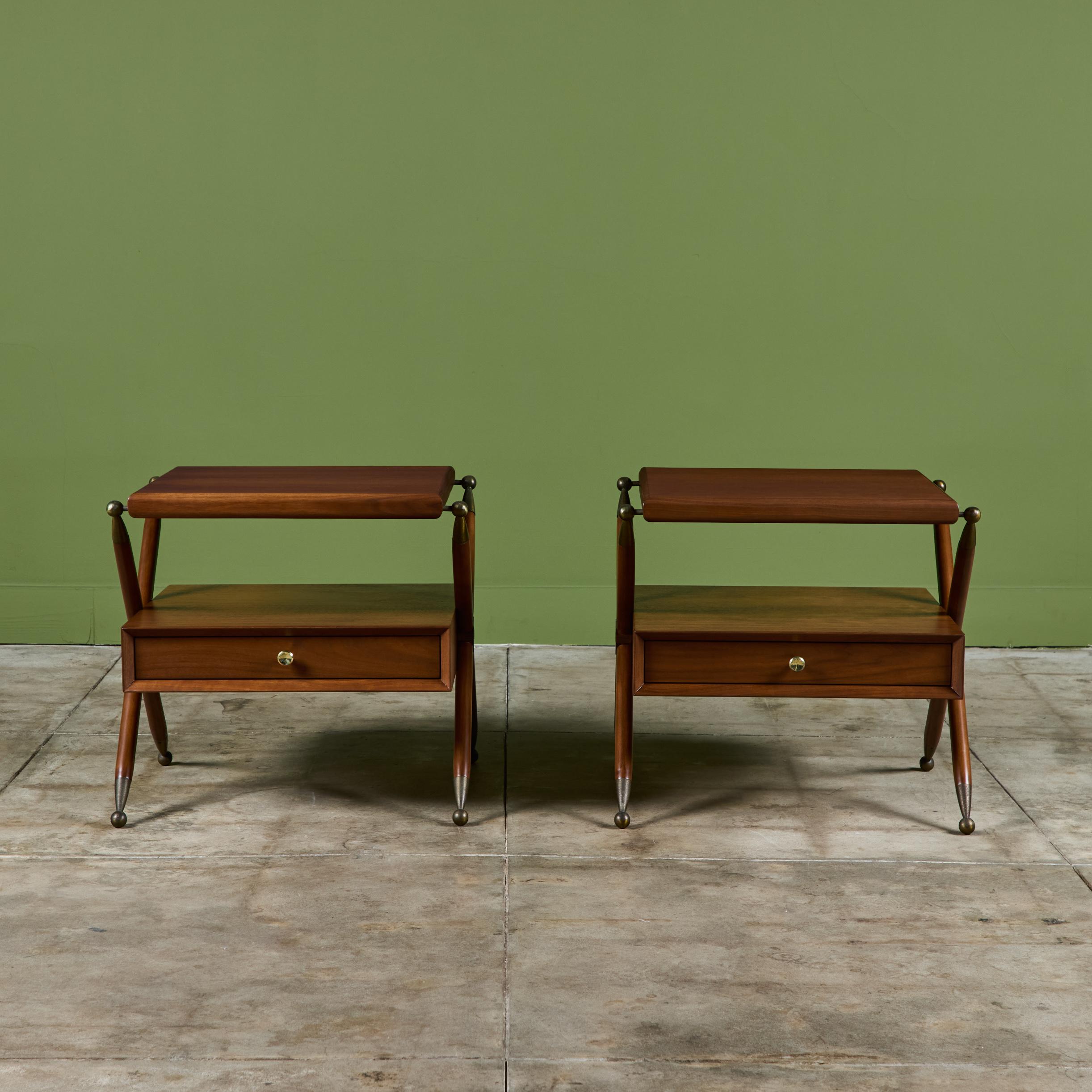 American Pair of Walnut Nightstands with X Bases