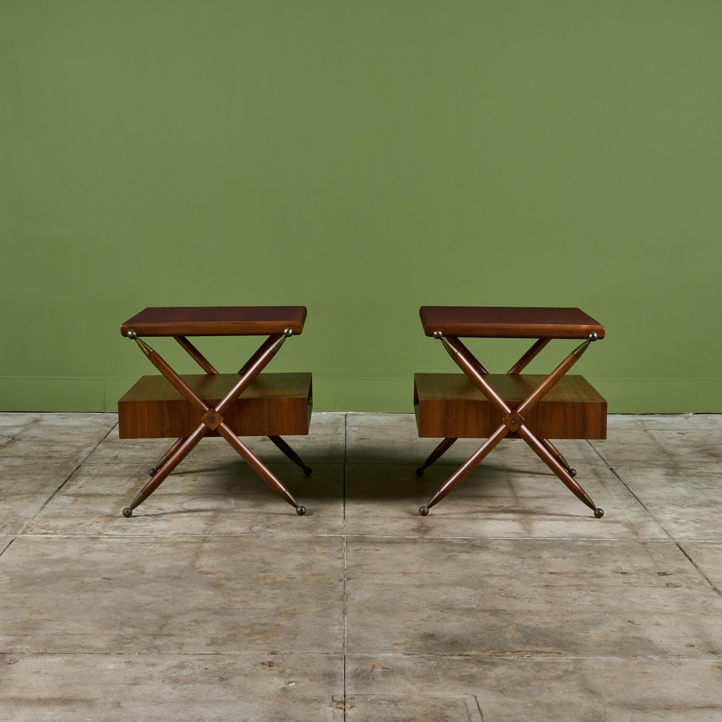 20th Century Pair of Walnut Nightstands with X Bases