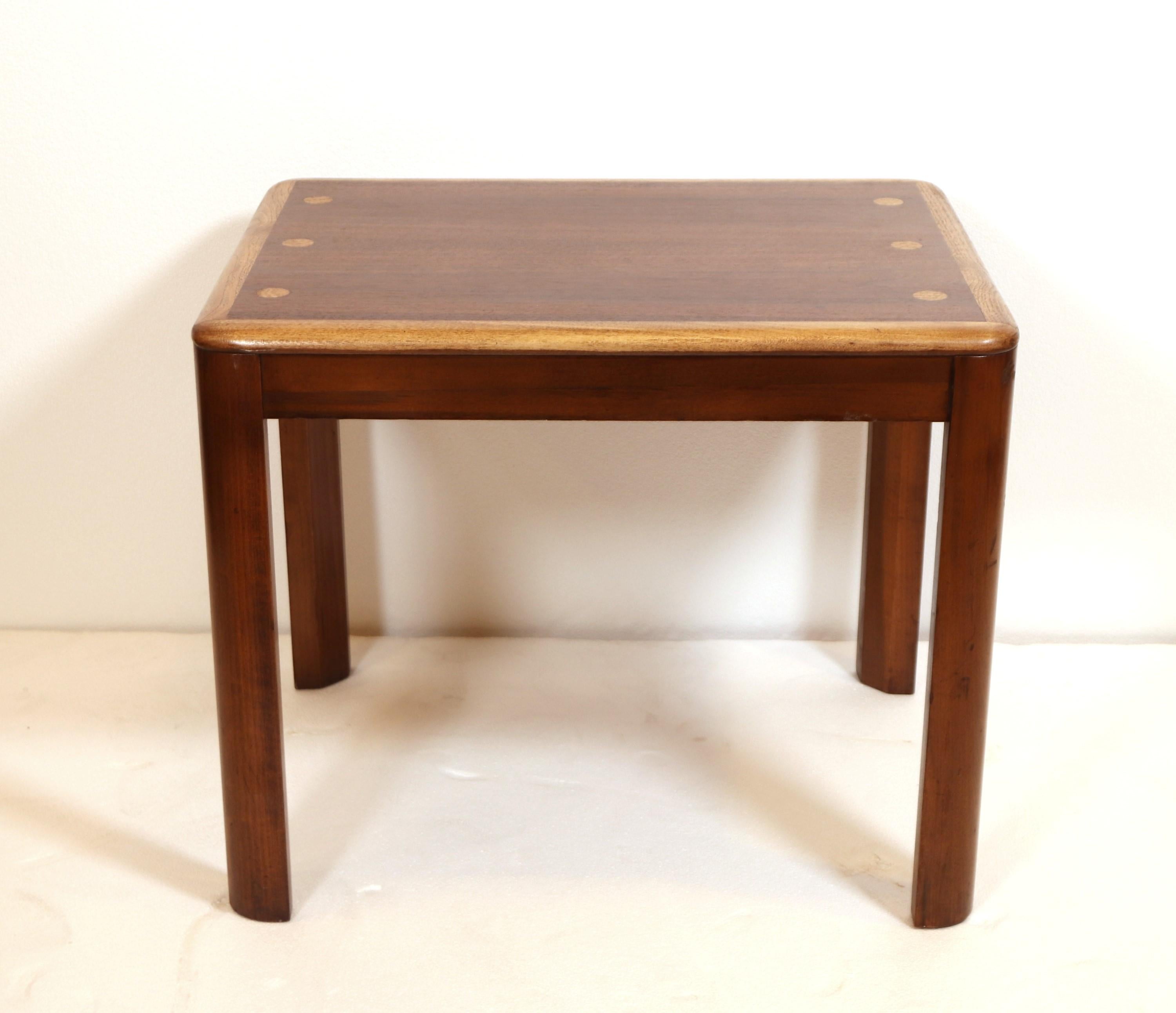 Mid-Century Modern Pair Walnut & Oak Lane Side End Tables with Side Dots For Sale
