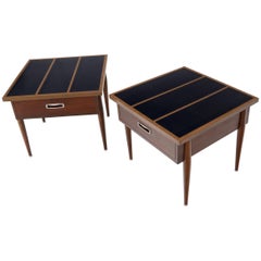 Vintage Pair of Walnut One-Drawer Side End Tables with Laminated Tops Tapered Legs