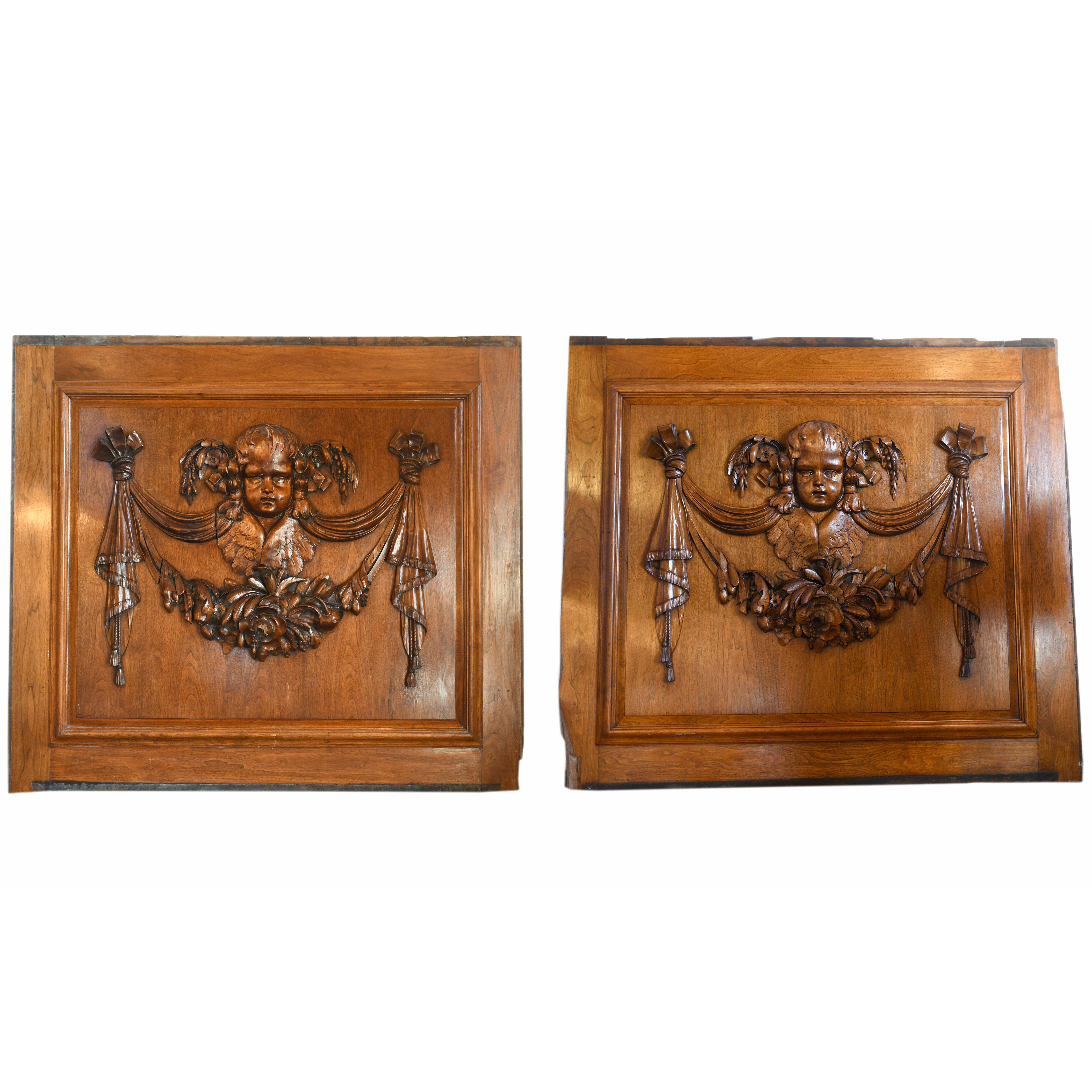 Walnut Panels with Carved Cherubs  For Sale