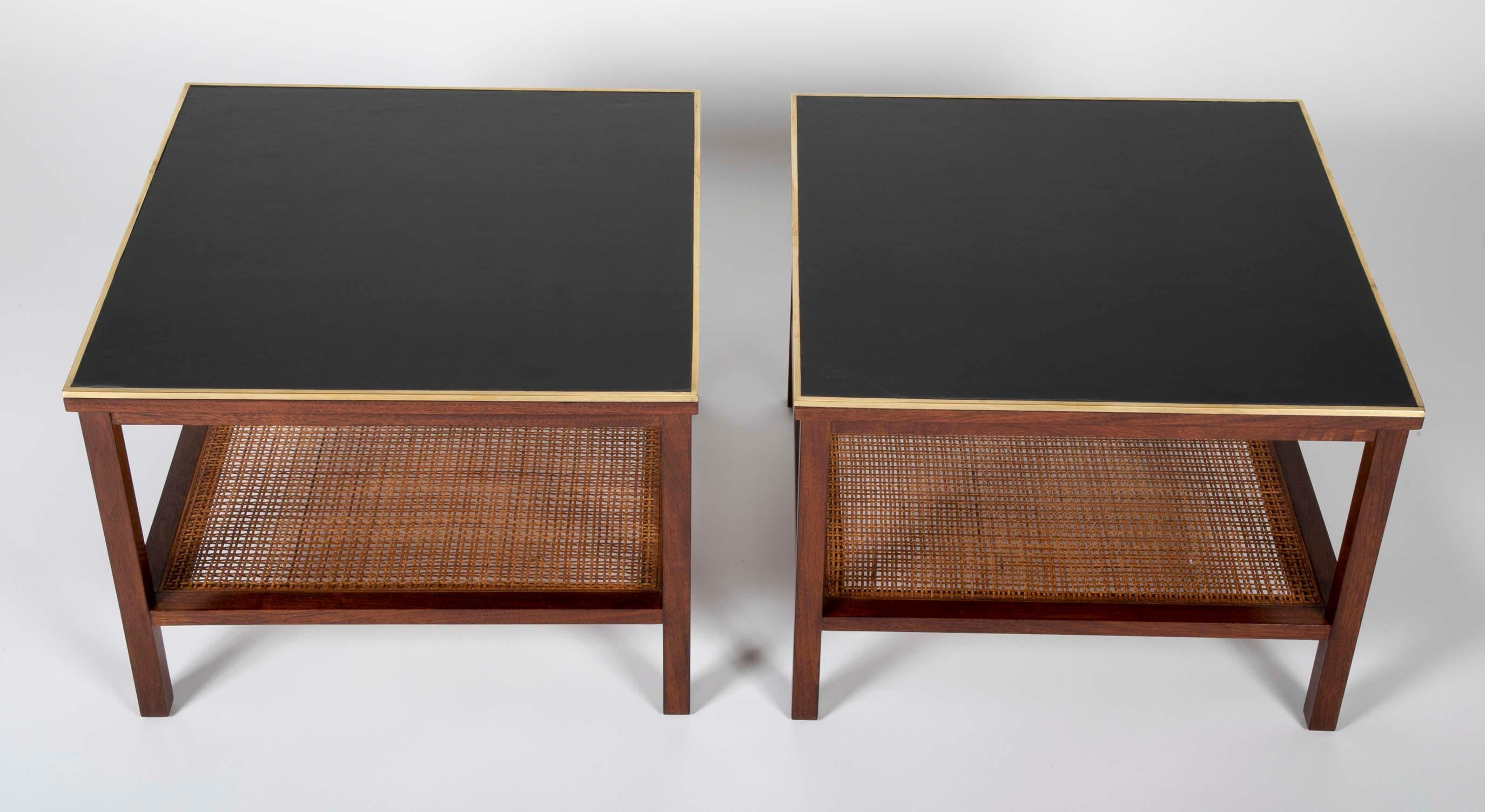 Mid-Century Modern Pair of Walnut Paul McCobb Side Tables with Brass, Leather and Cane