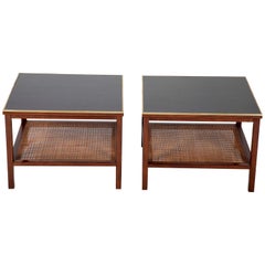 Pair of Walnut Paul McCobb Side Tables with Brass, Leather and Cane