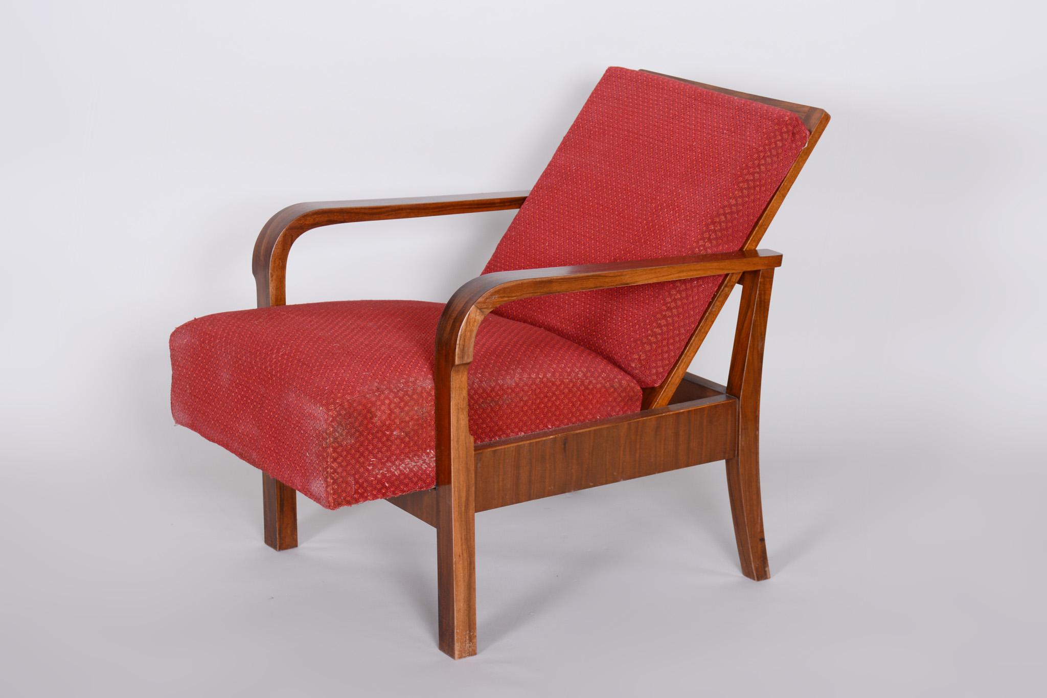 Pair of Walnut Positioning Armchairs, Original upholstery, Restored wood, 1930s For Sale 3