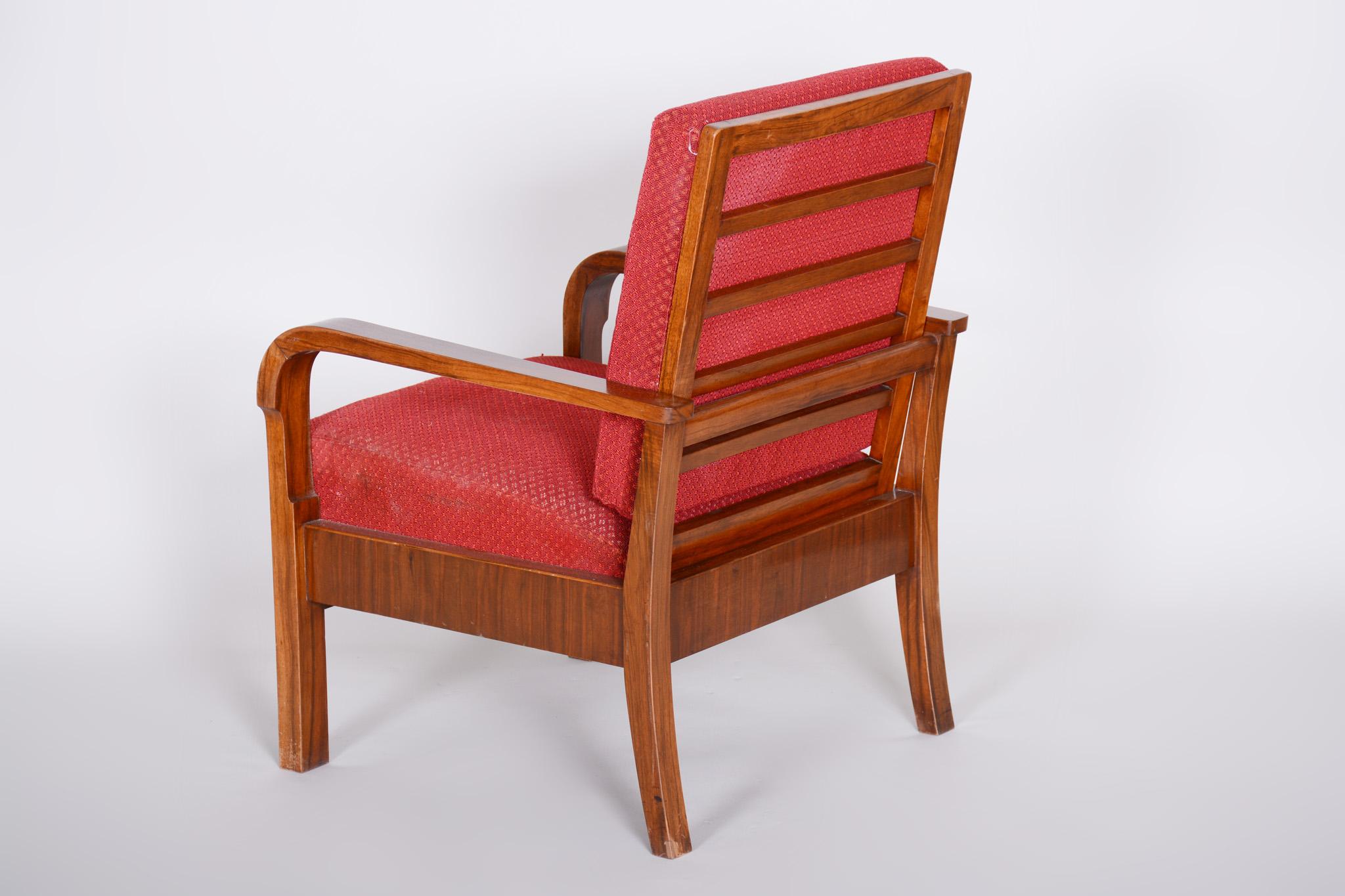 Fabric Pair of Walnut Positioning Armchairs, Original upholstery, Restored wood, 1930s For Sale