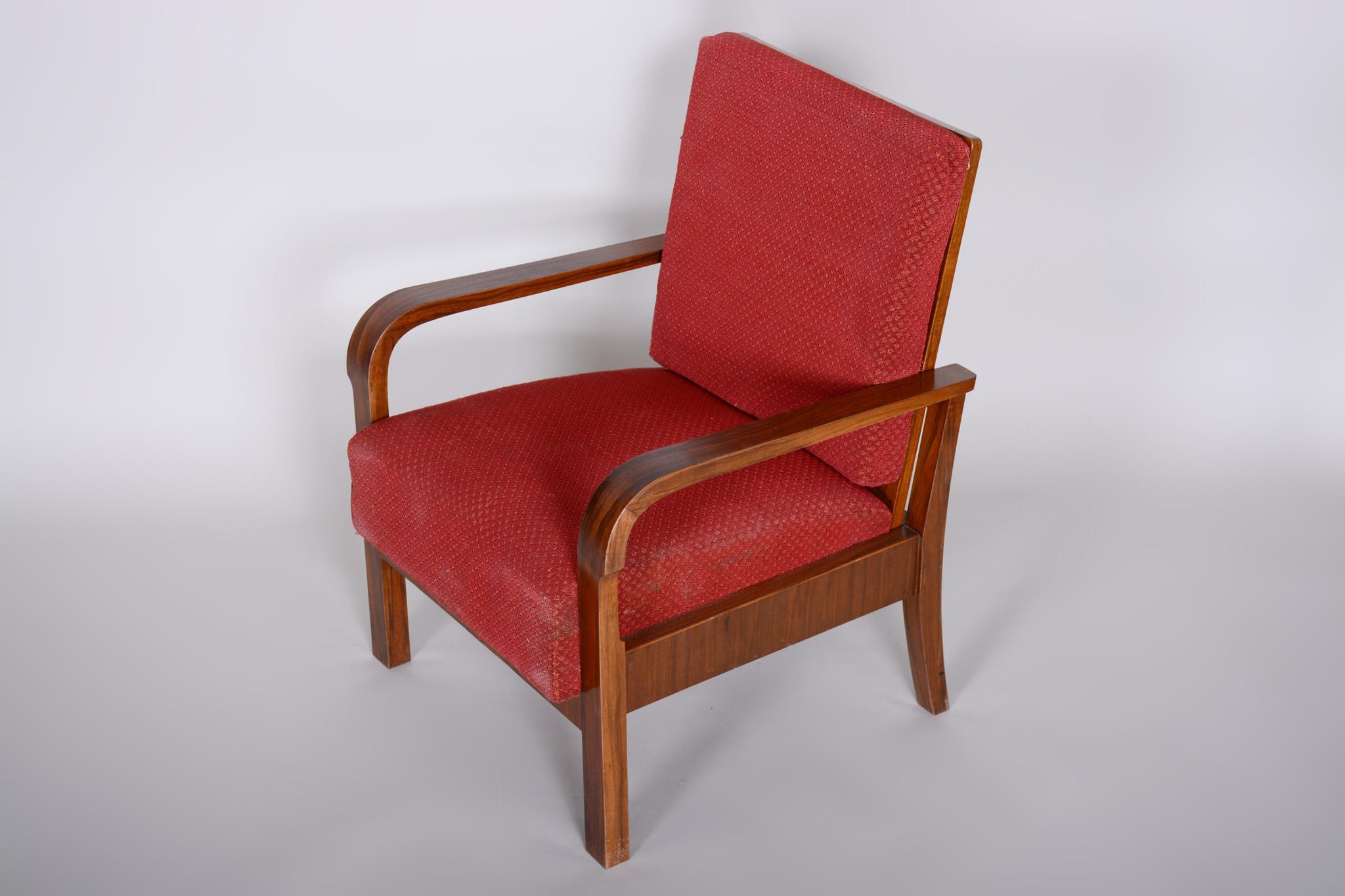 Pair of Walnut Positioning Armchairs, Original upholstery, Restored wood, 1930s For Sale 2
