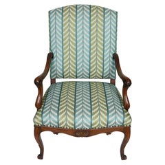 Pair of Walnut Regence Chairs With Quadrille Blue and Green Chevron Upholstery