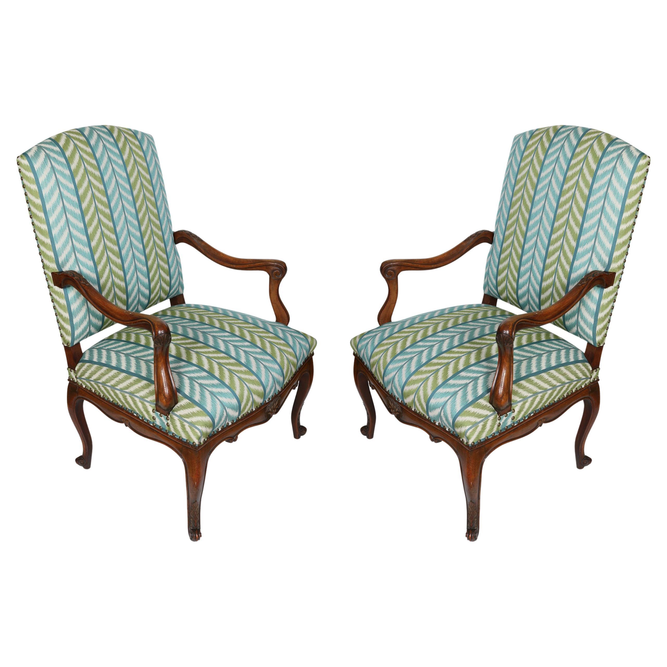 Pair of Walnut Regence Chairs With Quadrille Blue and Green Chevron Upholstery For Sale