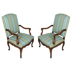 Pair of Walnut Regence Chairs With Quadrille Blue and Green Chevron Upholstery