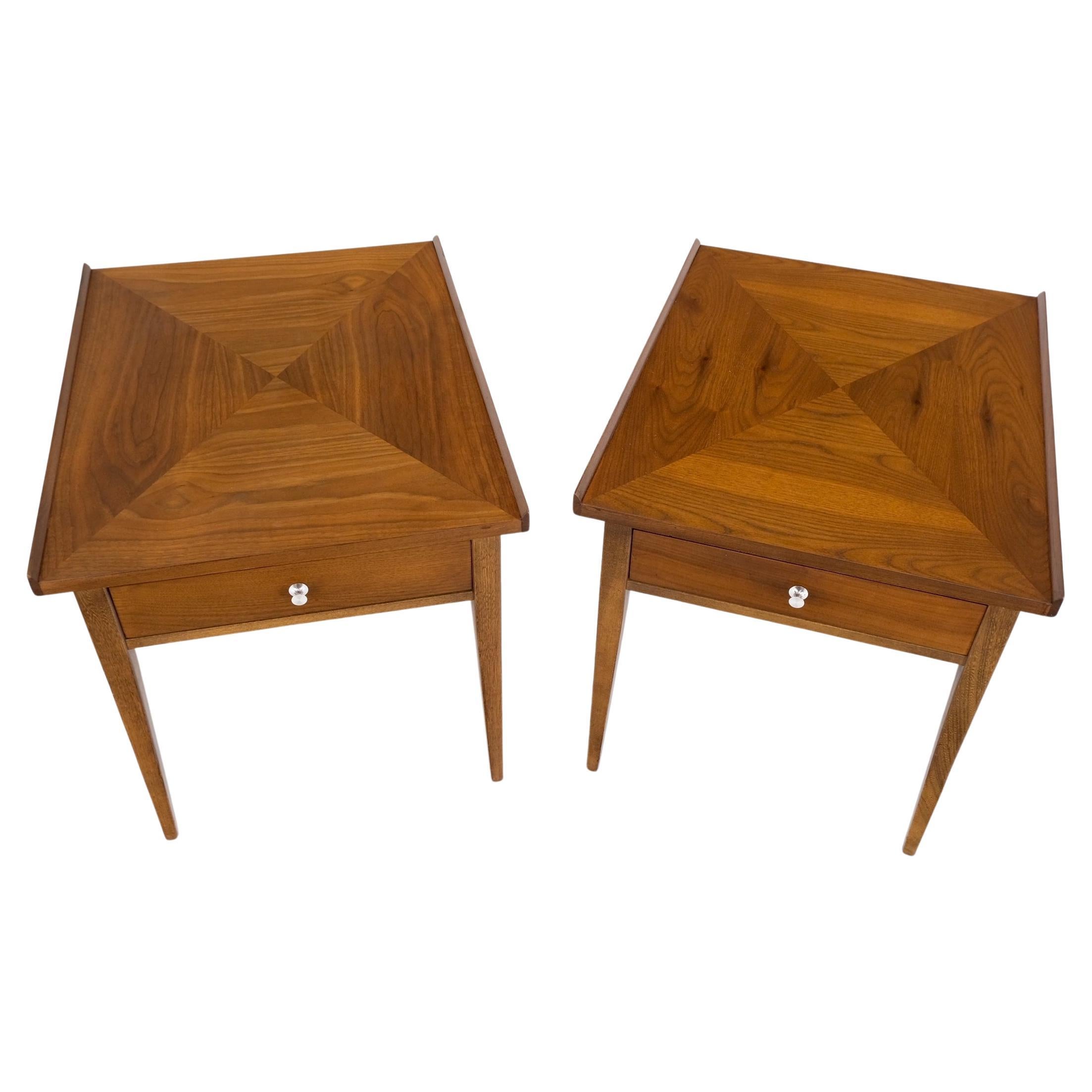 Pair of walnut rolled edges square one drawer tapered legs end side tables night stands.