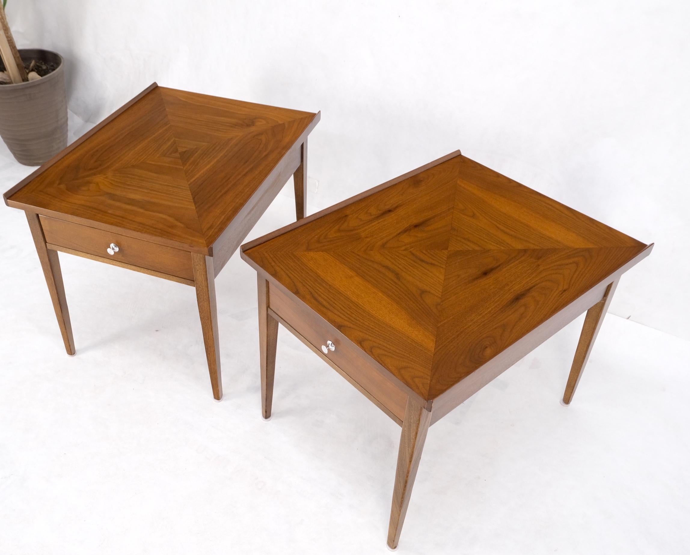Mahogany Pair of Walnut Rolled Edges Square One Drawer Tapered Legs End Side Tables Stand For Sale