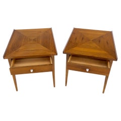 Vintage Pair of Walnut Rolled Edges Square One Drawer Tapered Legs End Side Tables Stand