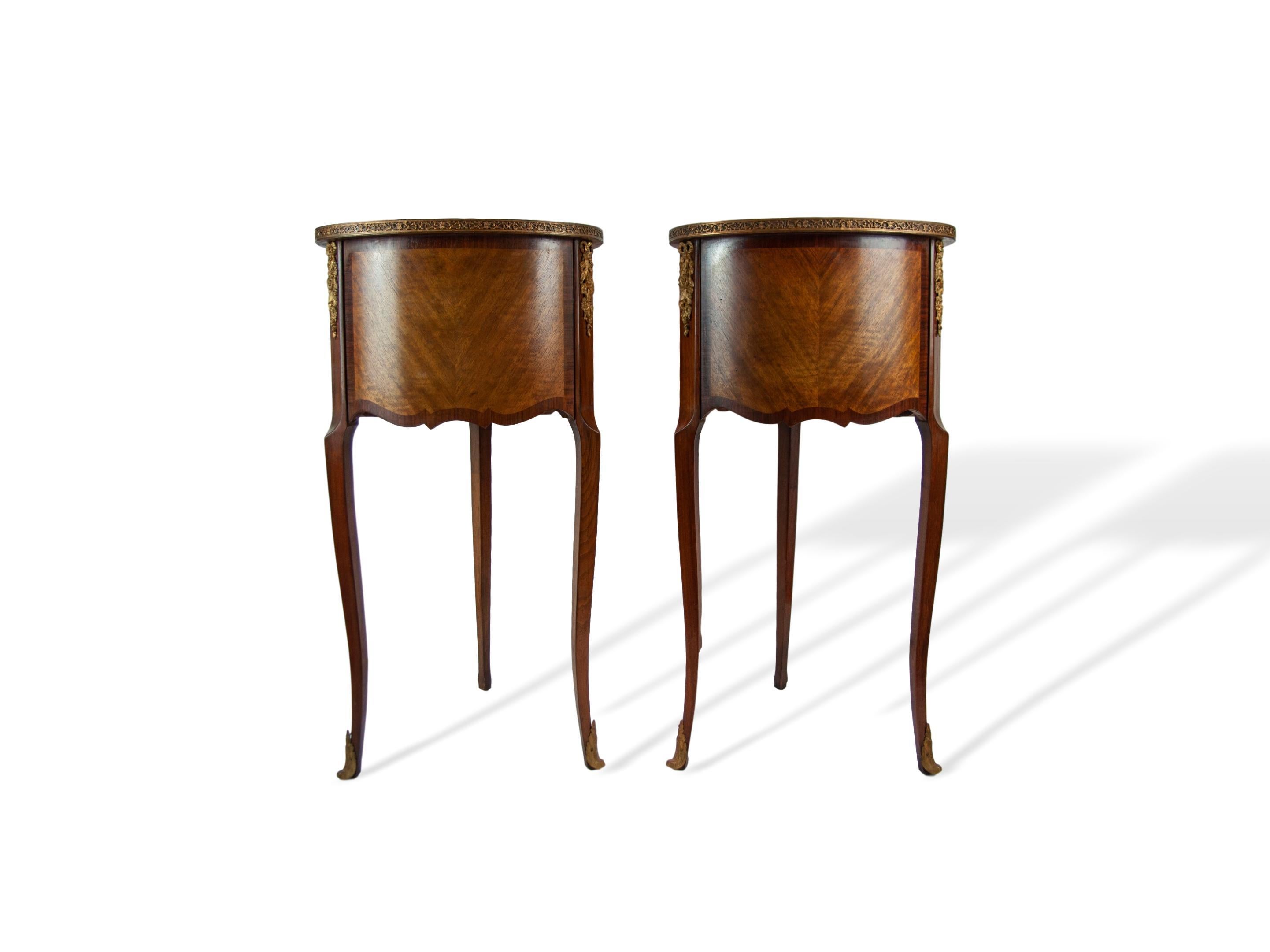 Early 20th Century Pair of Walnut Rosewood Cross-Banded Two-Drawer Side Tables, French, circa 1920
