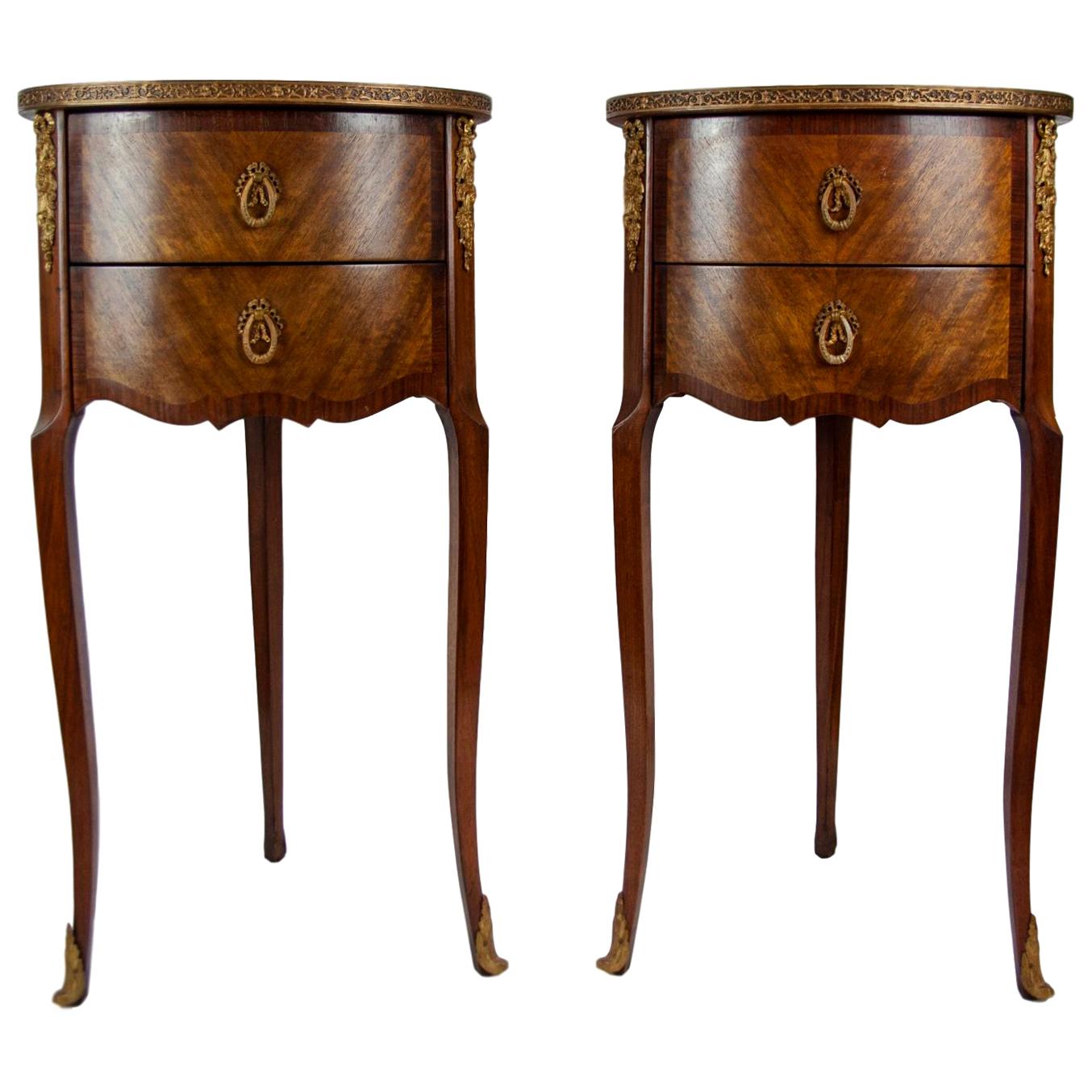 Pair of Walnut Rosewood Cross-Banded Two-Drawer Side Tables, French, circa 1920