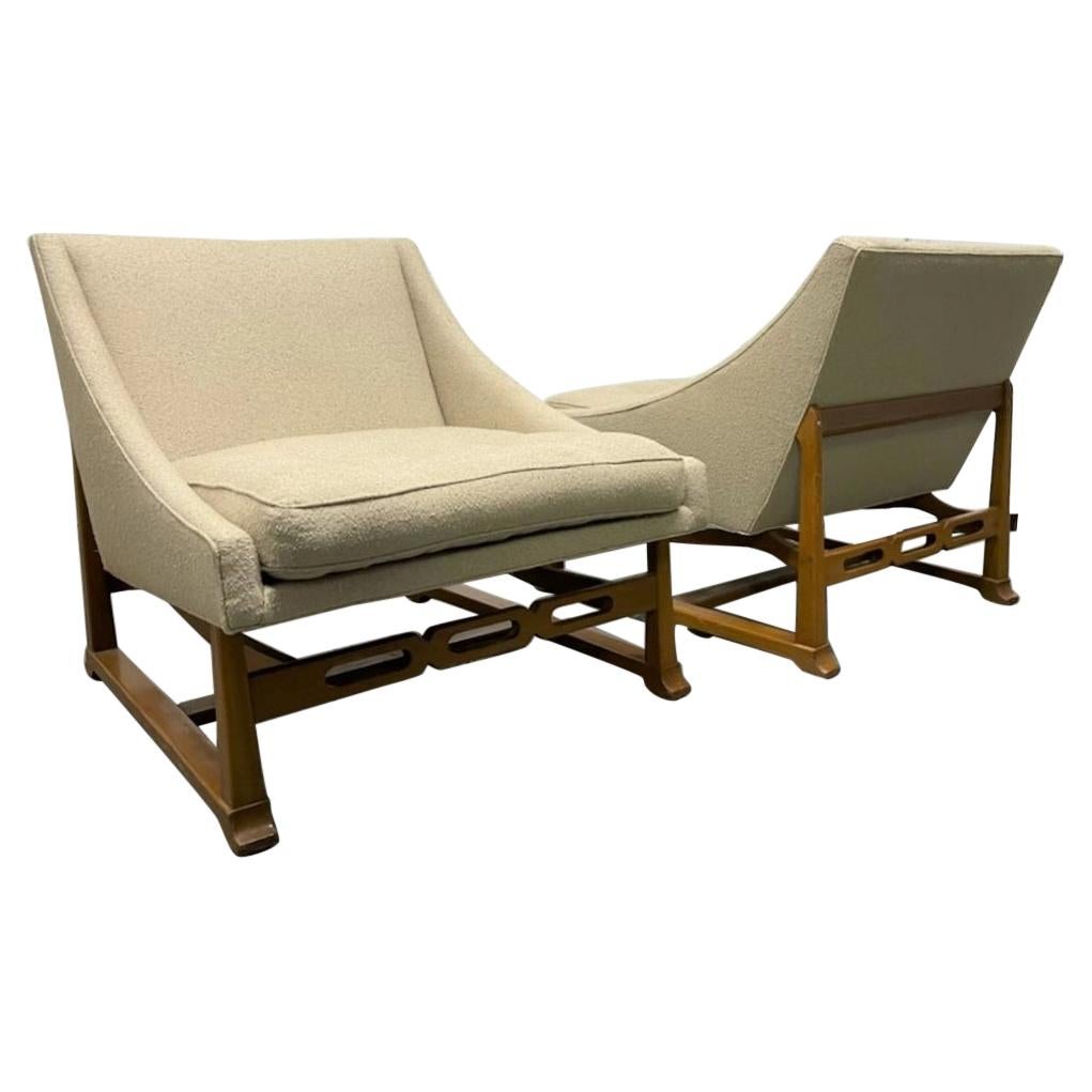 Pair of Walnut Sculptural Lounge Chairs in Boucle Fabric
