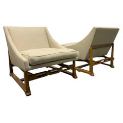 Retro Pair of Walnut Sculptural Lounge Chairs in Boucle Fabric