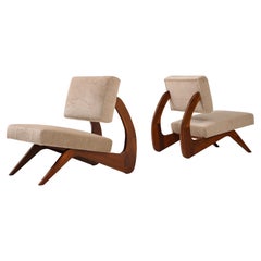 Pair of Walnut Sculptural Lounge Chairs in Taupe Wool Mohair by Pierre Frey