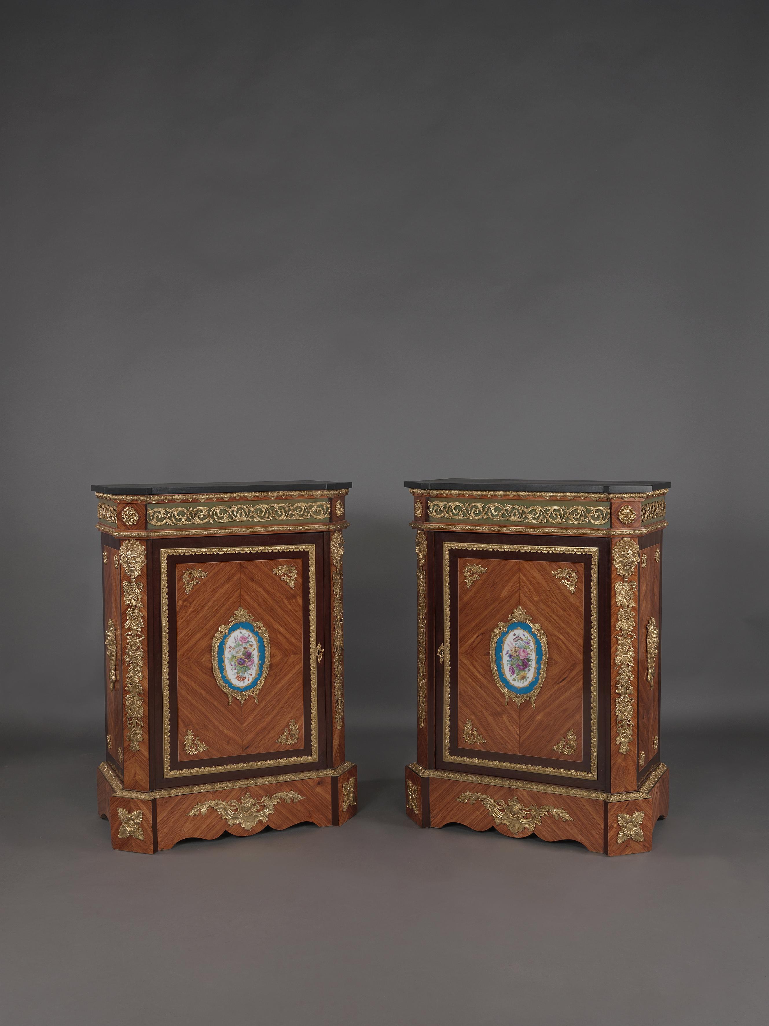 Louis XVI Pair of Walnut Side Cabinets with Sèvres-style Porcelain Mounts, circa 1880 For Sale