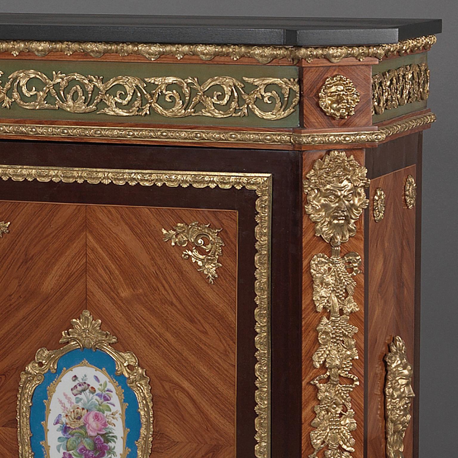 French Pair of Walnut Side Cabinets with Sèvres-style Porcelain Mounts, circa 1880 For Sale