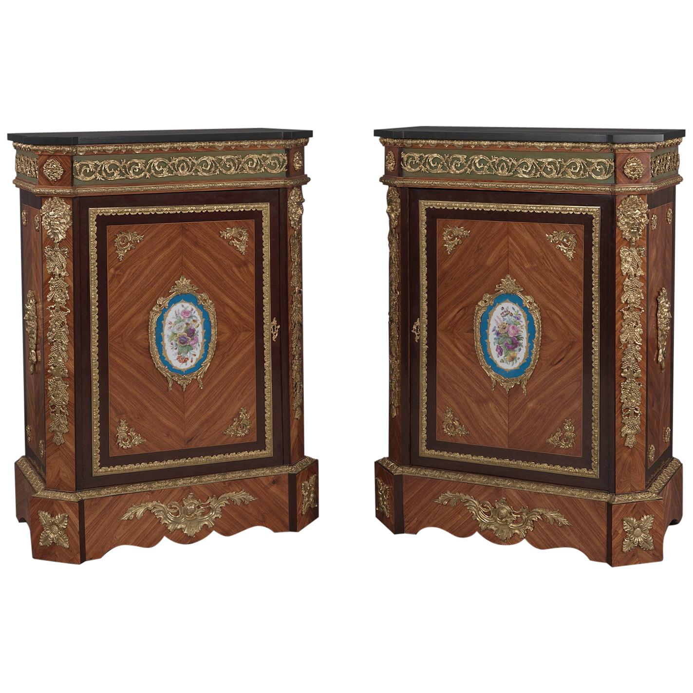 Pair of Walnut Side Cabinets with Sèvres-style Porcelain Mounts, circa 1880