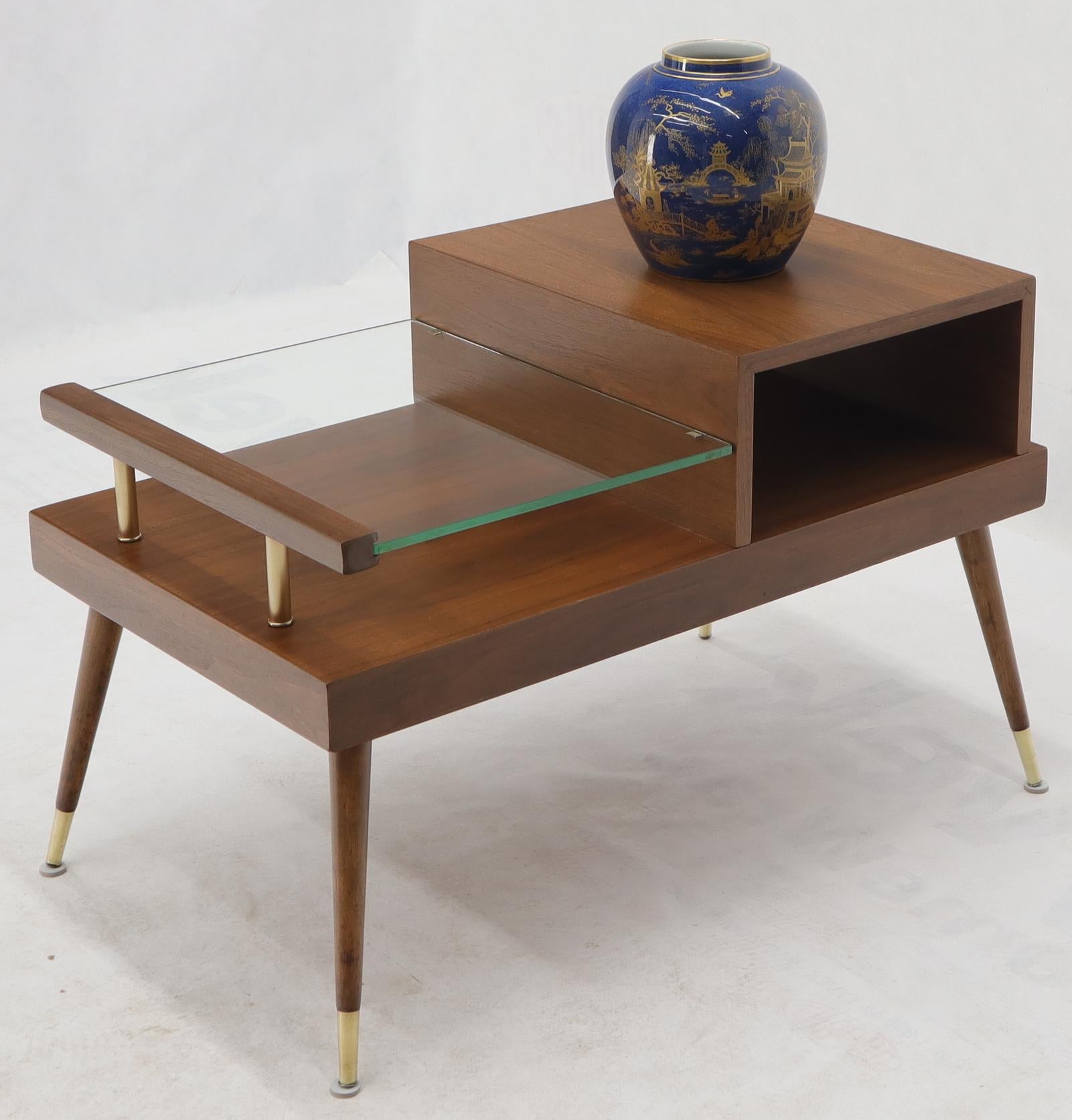 Pair of Walnut Side End Tables with Floating Glass Shelves For Sale 8