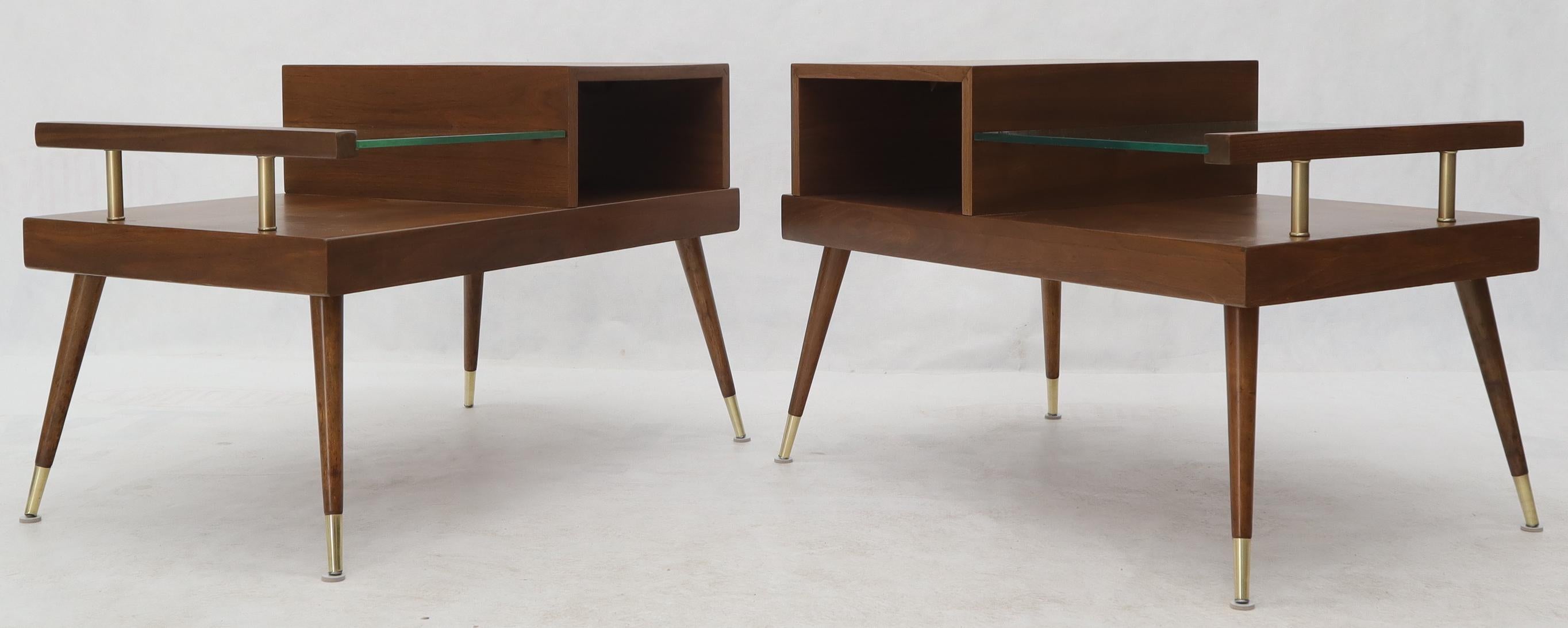 American Pair of Walnut Side End Tables with Floating Glass Shelves For Sale