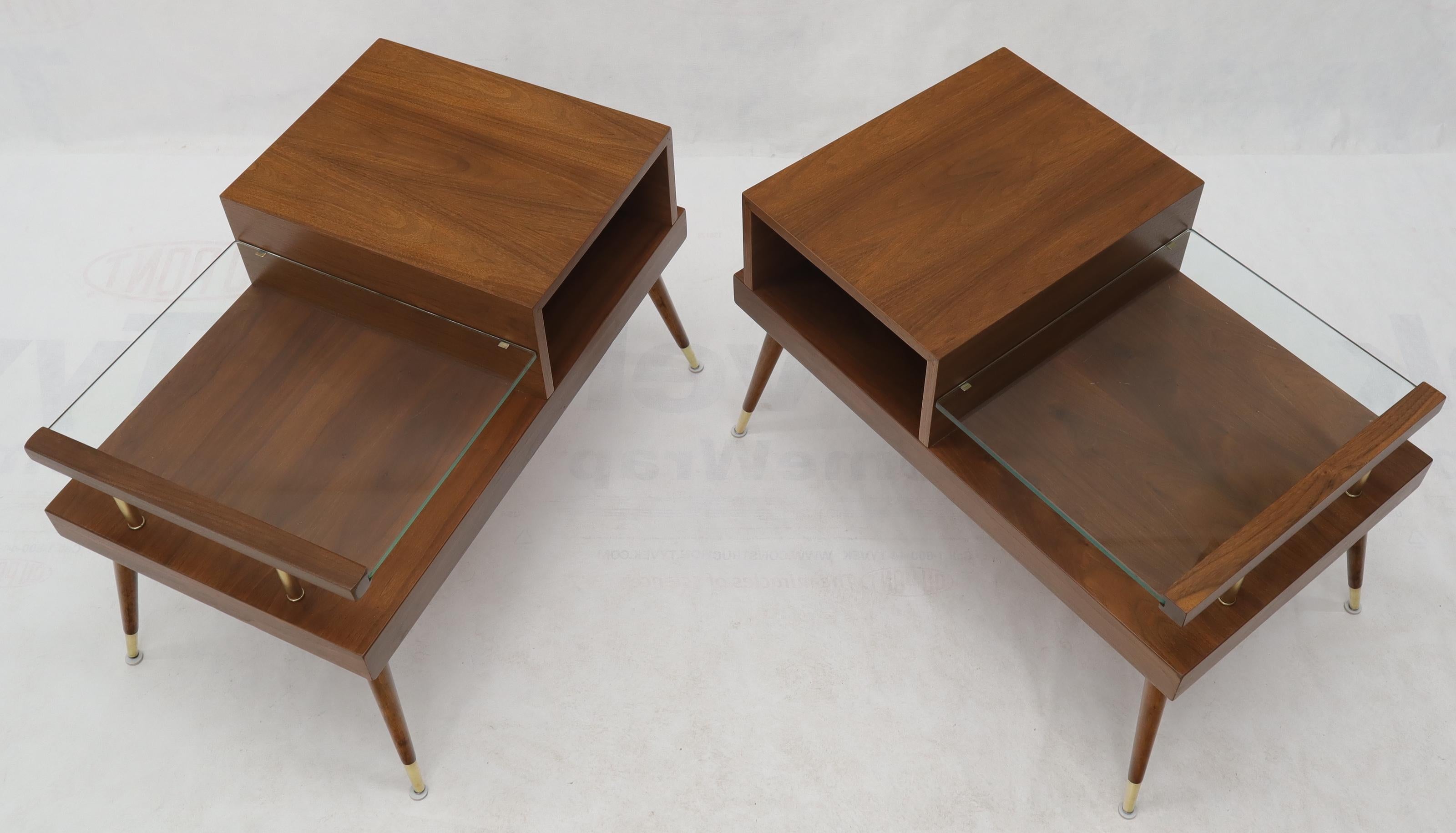 Lacquered Pair of Walnut Side End Tables with Floating Glass Shelves For Sale