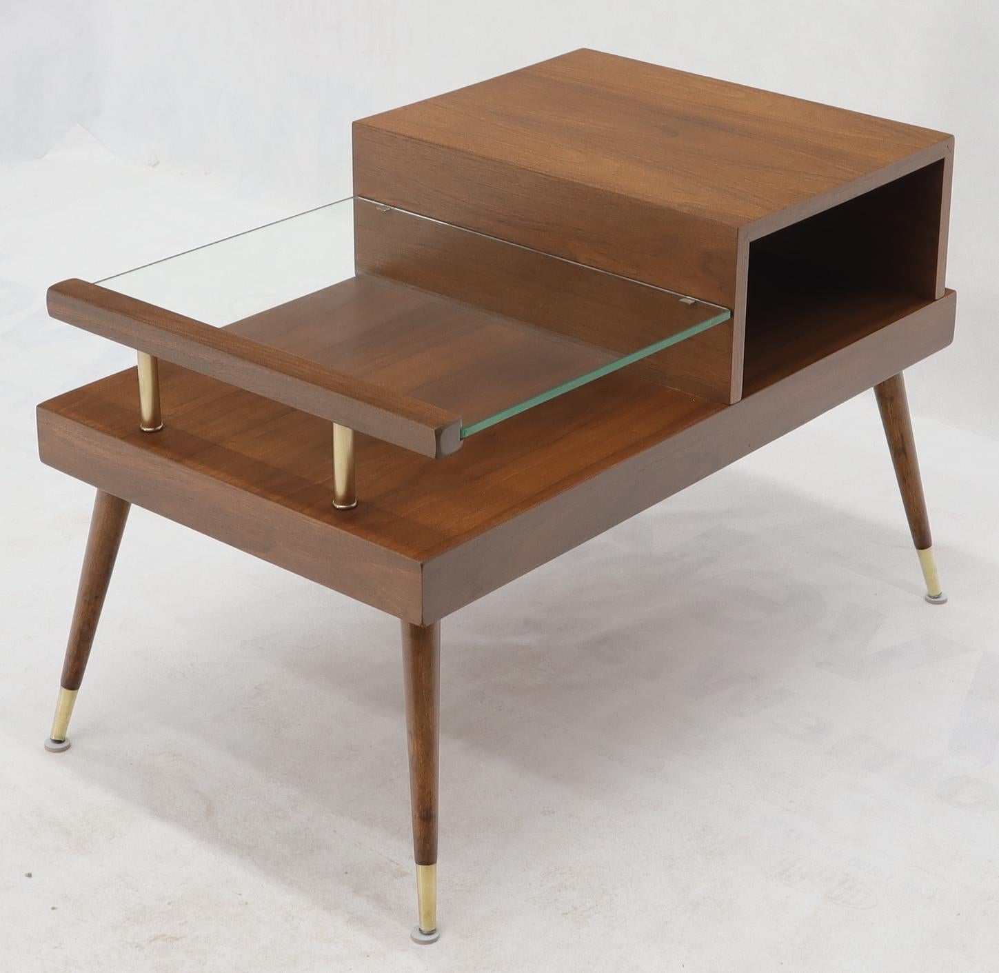 20th Century Pair of Walnut Side End Tables with Floating Glass Shelves For Sale