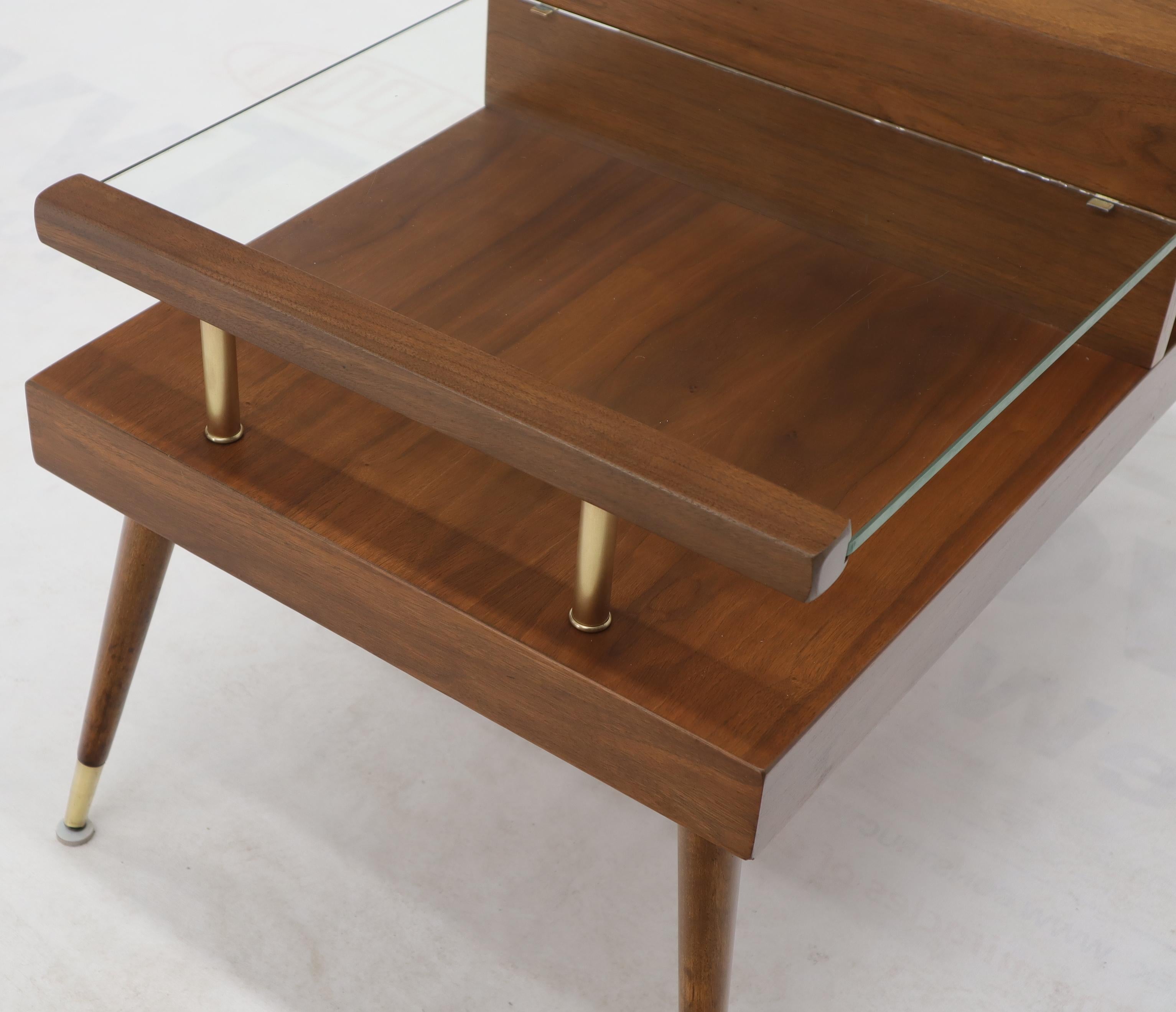 Pair of Walnut Side End Tables with Floating Glass Shelves For Sale 1