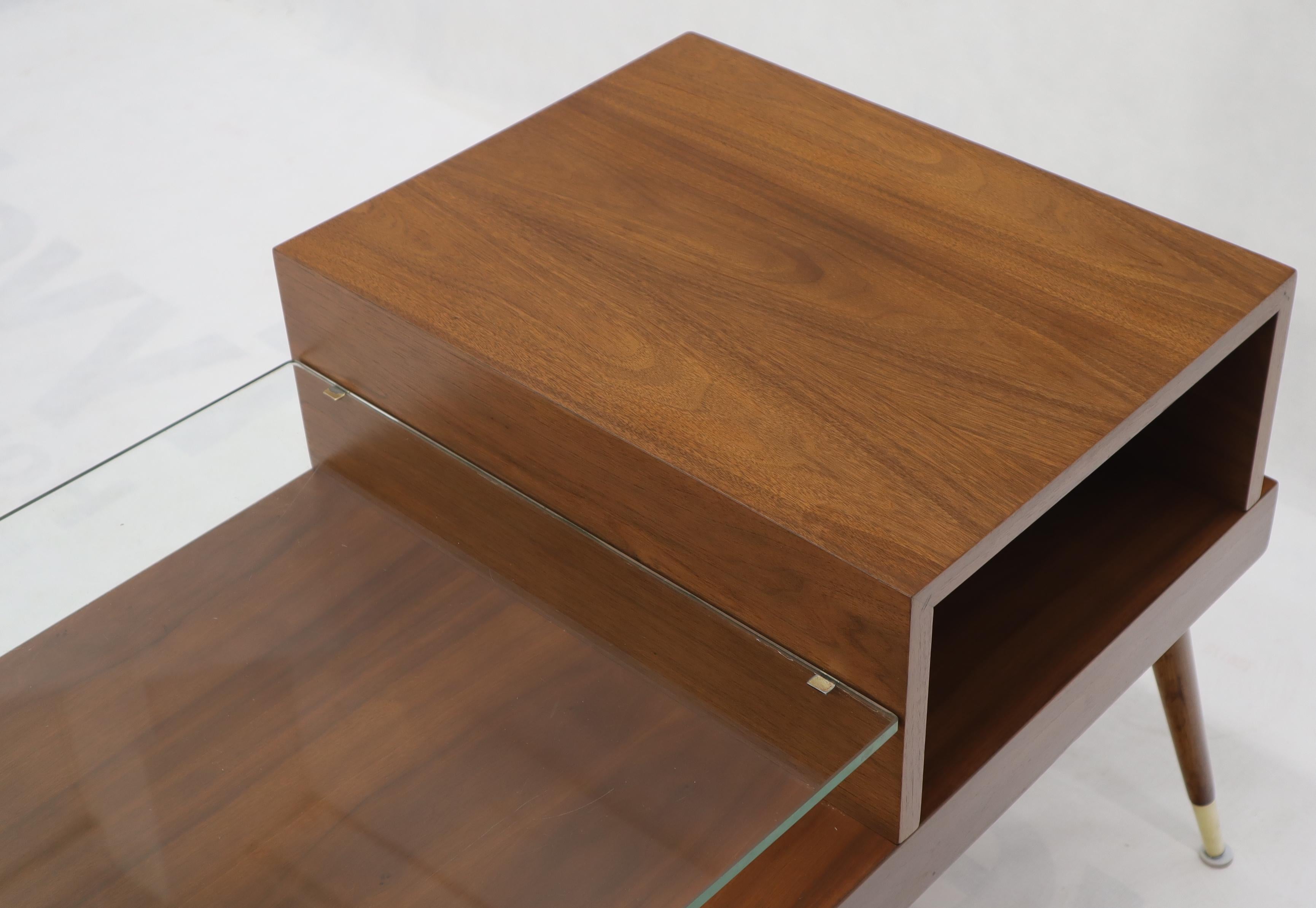 Pair of Walnut Side End Tables with Floating Glass Shelves For Sale 2