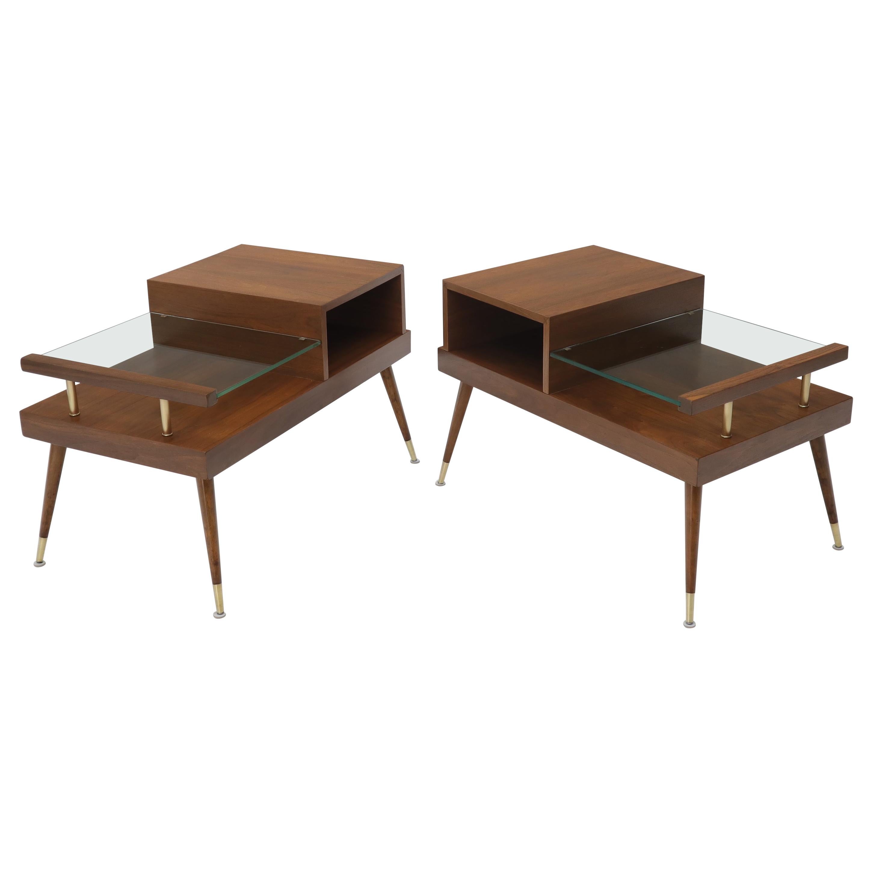 Pair of Walnut Side End Tables with Floating Glass Shelves For Sale