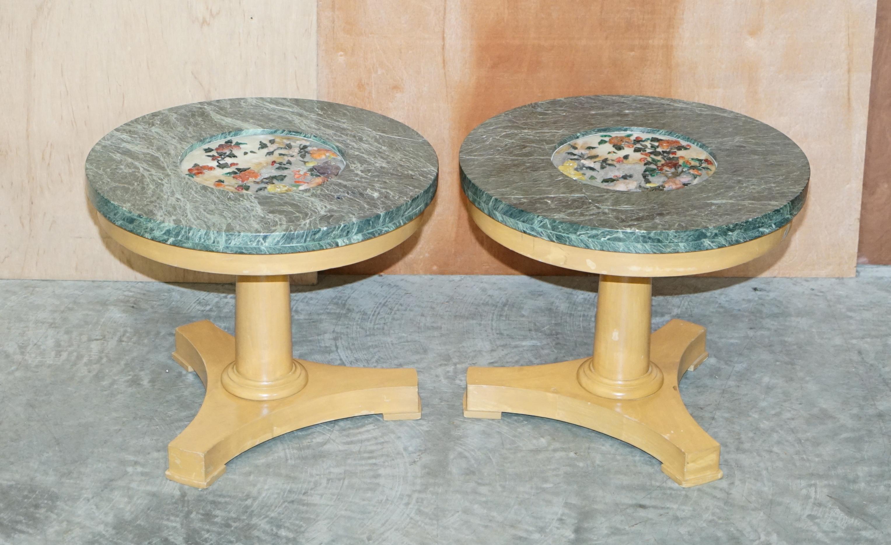 We are delighted to offer this lovely pair of very decorative blonde walnut side tables with marble tops inset with flowers

A good looking and well made pair, they make great side tables as they have a wide surface and being marble, it won’t