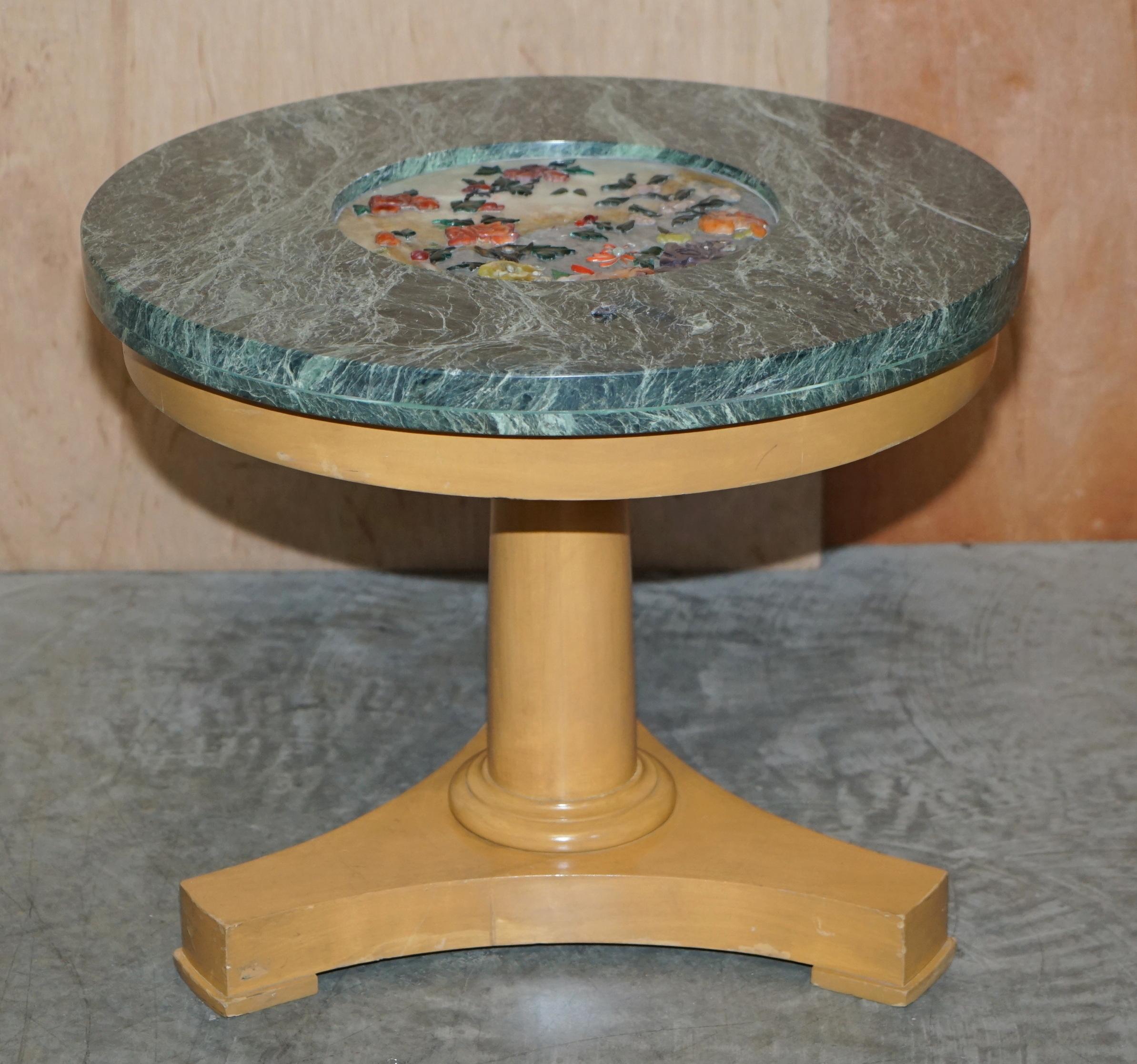 Country Pair of Walnut Side Tables with Green Marble Tops Inset with Hardstone Flowers