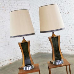 Pair of Walnut Smoke Gray Lucite and Chrome Mid-Century Modern Monumental Lamps