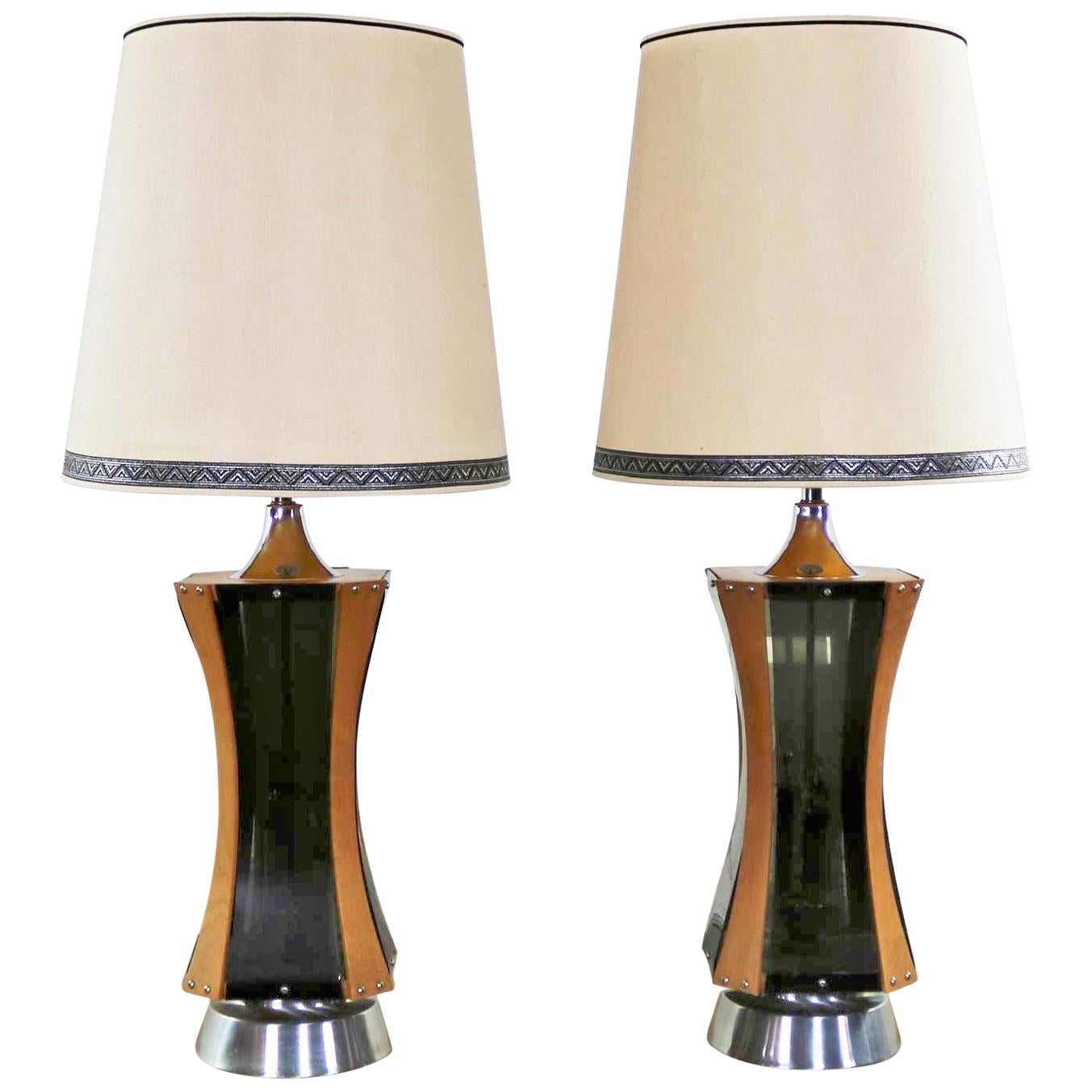 Pair of Walnut Smoke Gray Lucite and Chrome Mid-Century Modern Monumental Lamps