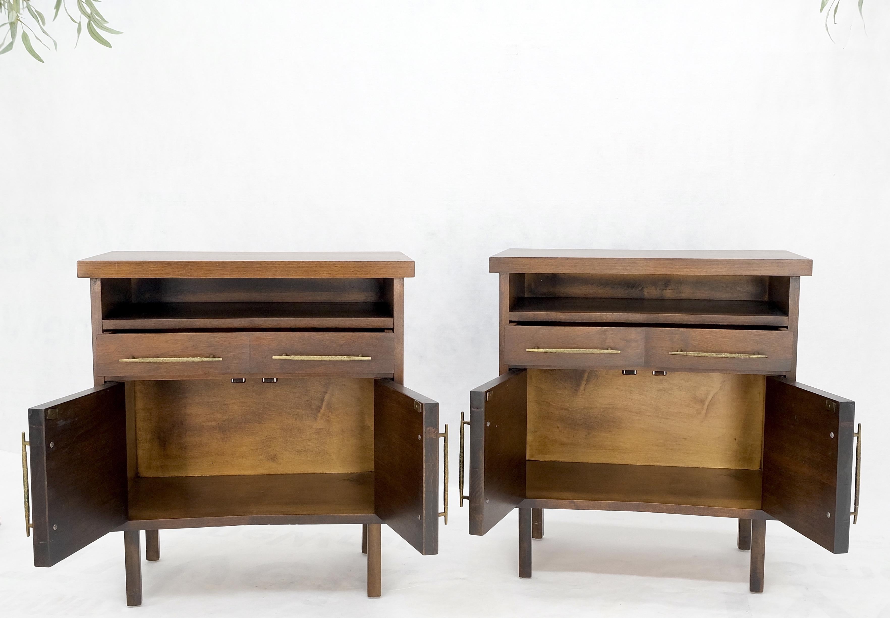 Pair of Walnut Solid Brass Pulls Mid-Century Modern Nightstands Cabinets MINT! For Sale 4