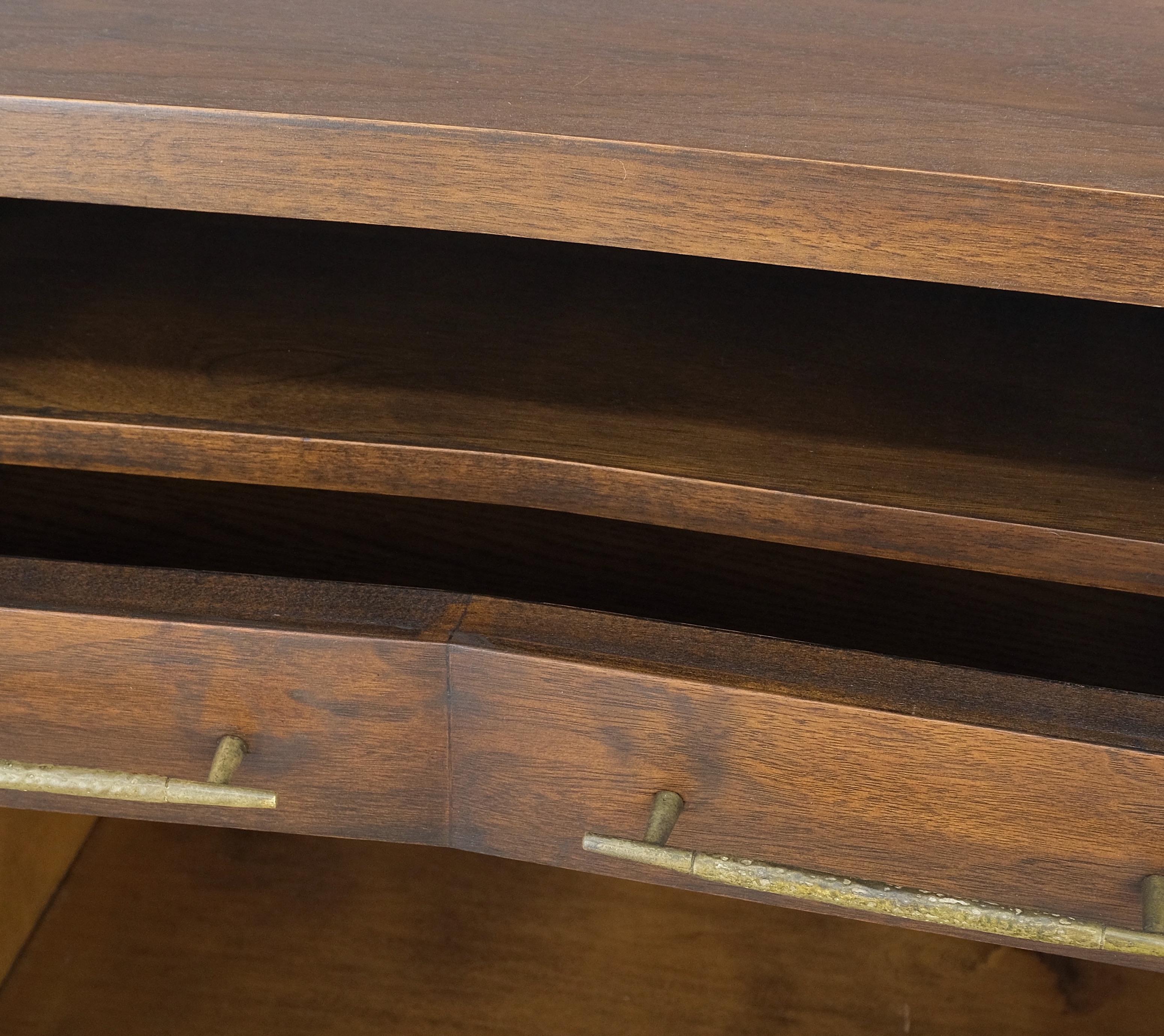 Lacquered Pair of Walnut Solid Brass Pulls Mid-Century Modern Nightstands Cabinets MINT! For Sale