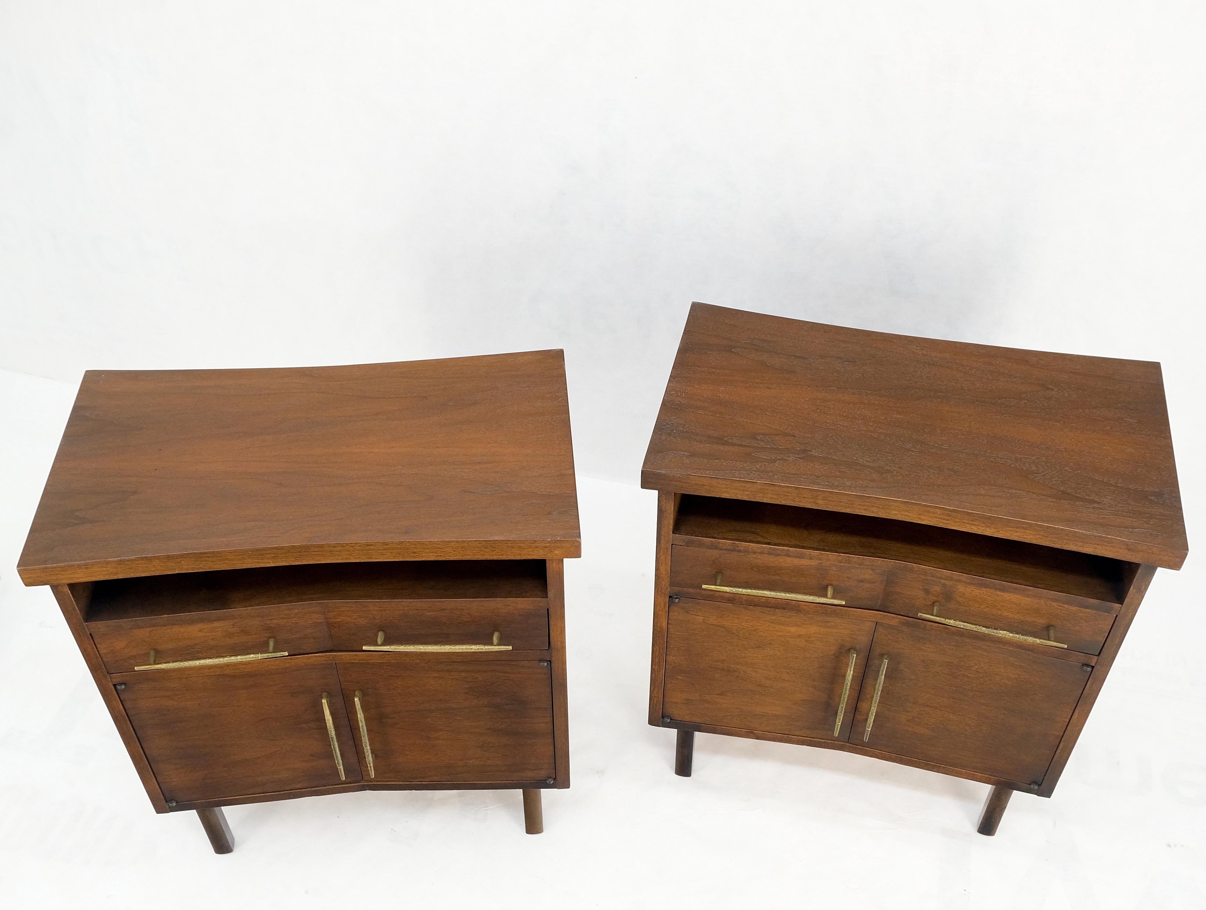 Pair of Walnut Solid Brass Pulls Mid-Century Modern Nightstands Cabinets MINT! For Sale 2