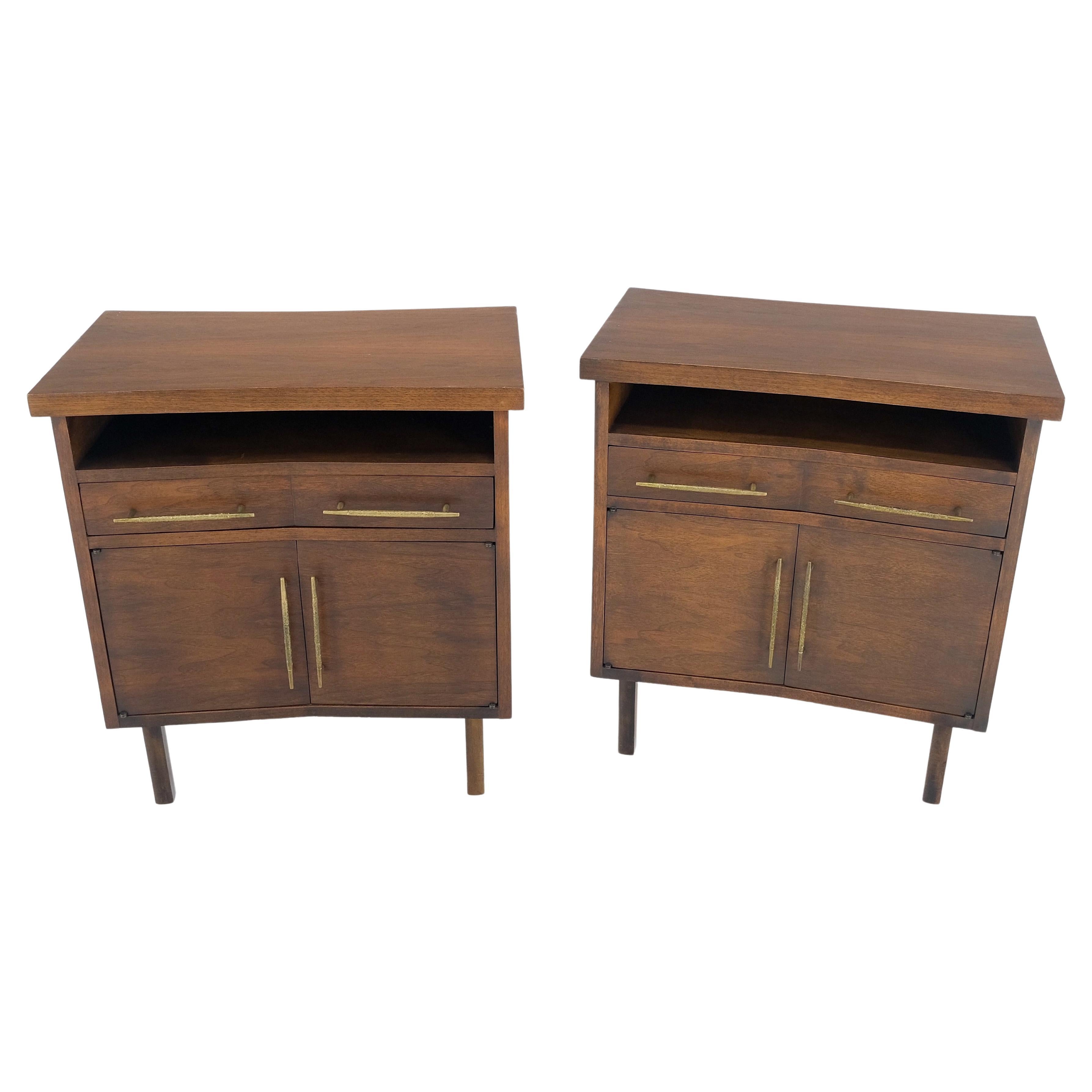 Pair of Walnut Solid Brass Pulls Mid-Century Modern Nightstands Cabinets MINT! For Sale