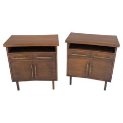 Pair of Walnut Solid Brass Pulls Mid-Century Modern Nightstands Cabinets MINT!