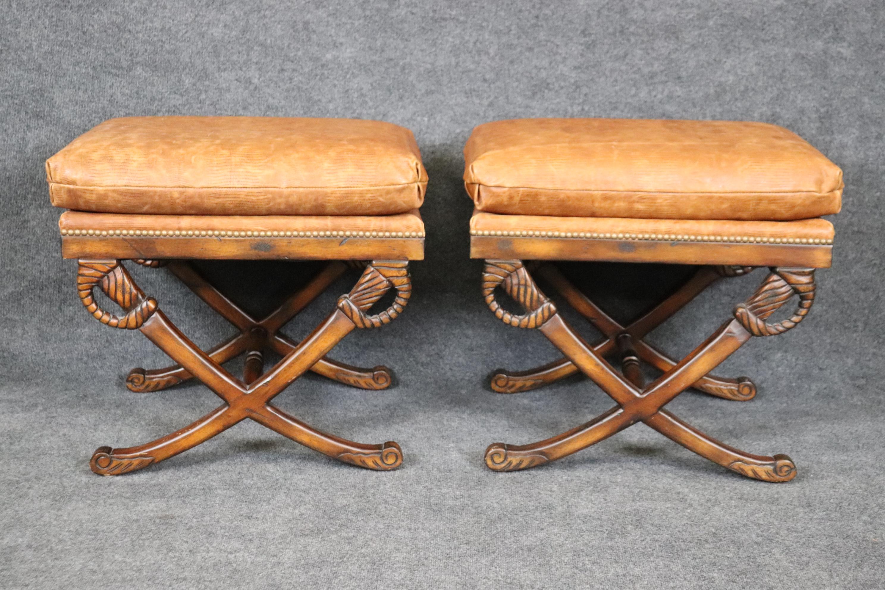 Regency Revival Pair of Walnut Sword and Scabbard X Style Walnut Benches with Faux Alligator For Sale