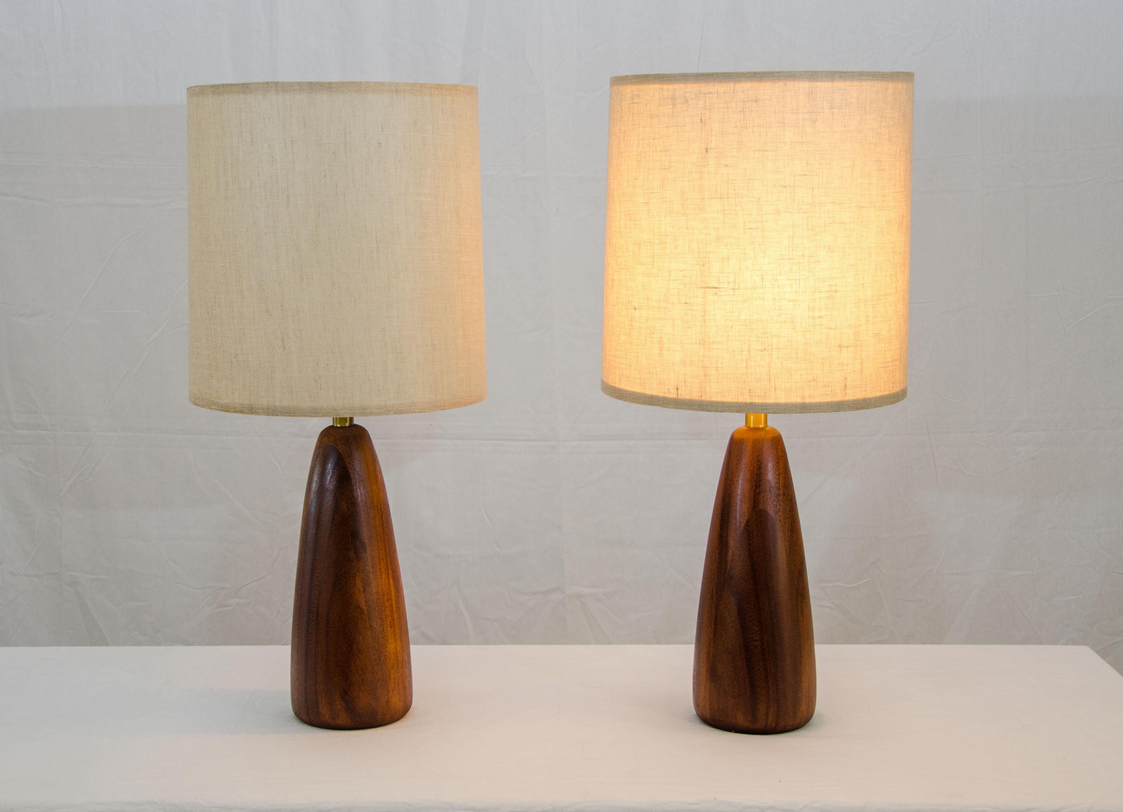 20th Century Pair of Walnut Table Lamps, Original Shades