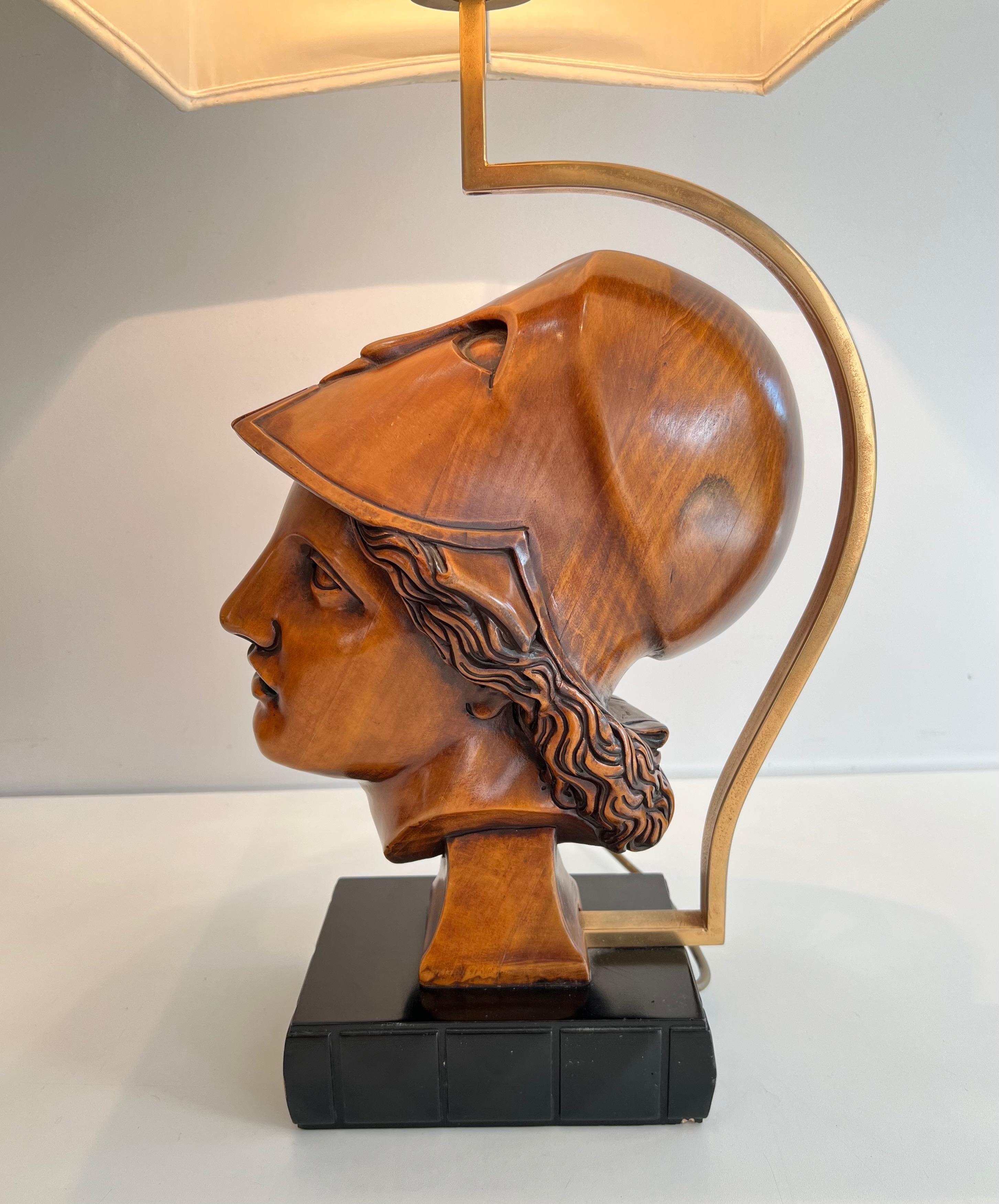 Pair of Walnut Table Lamps representing Faces of Helmeted Soldiers For Sale 4