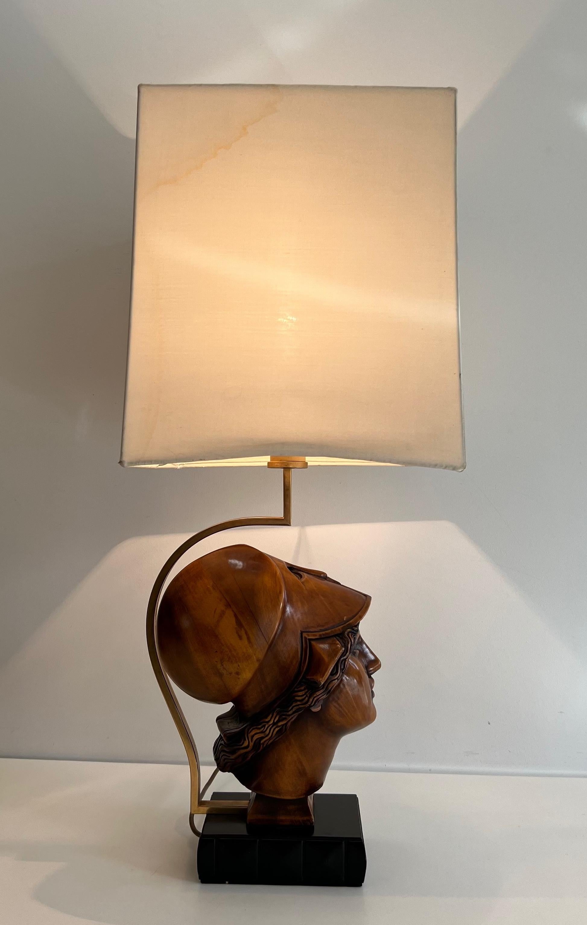 Pair of Walnut Table Lamps representing Faces of Helmeted Soldiers For Sale 5