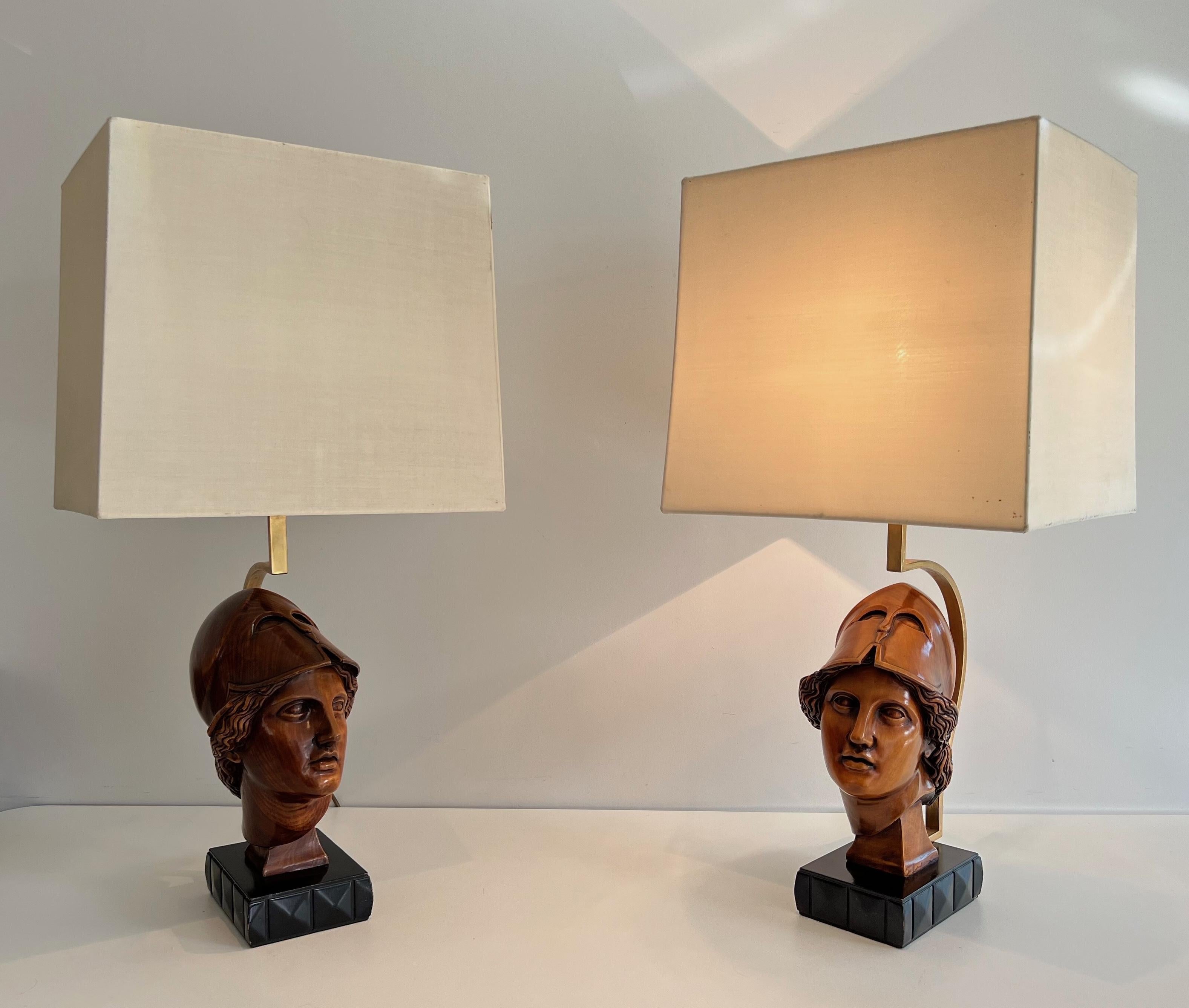 Pair of Walnut Table Lamps representing Faces of Helmeted Soldiers For Sale 6