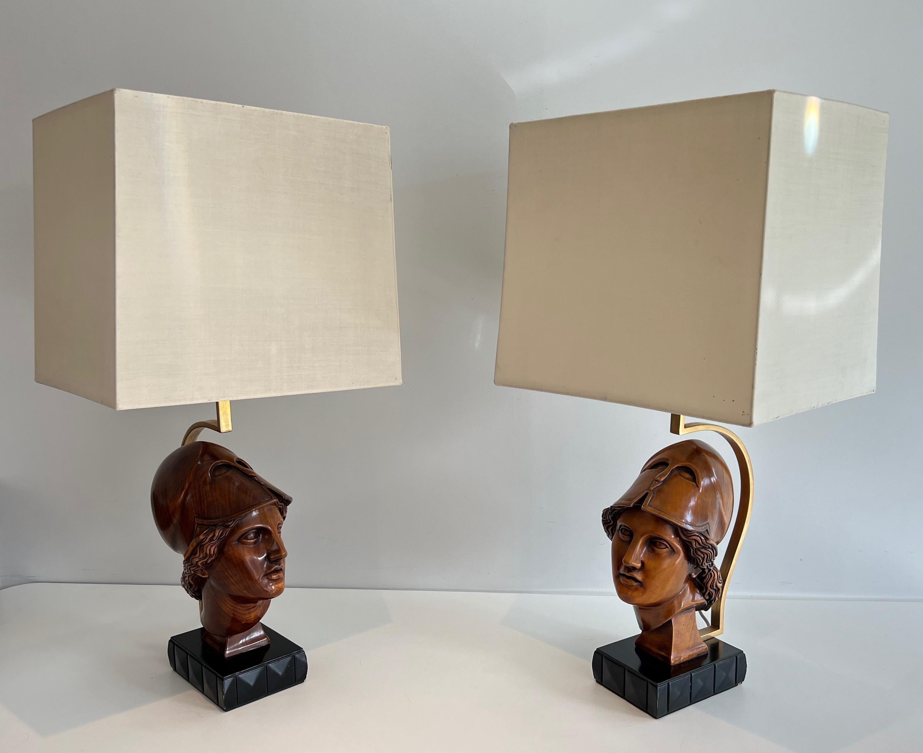 Pair of Walnut Table Lamps representing Faces of Helmeted Soldiers For Sale 7